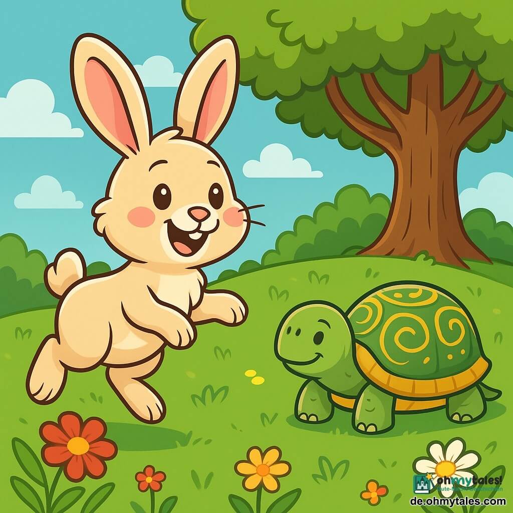 Ein Hase namens Hoppel mit einem weichen, seidigen cremefarbenen Fell, großen aufrechten Ohren und funkelnden, schelmischen Augen springt fröhlich über eine grüne Wiese. Er zeigt ein breites Lächeln, seine rosa Wangen verraten seine Aufregung. Neben ihm bewegt sich eine Schildkröte namens Lotte mit einem grünen, goldverzierten Panzer langsam, beobachtet Hoppel mit einem amüsierten Blick. Sie sitzt etwas abseits auf dem Gras, ist aber bereit, an dem Abenteuer teilzunehmen. Im Hintergrund steht eine majestätische Eiche, deren Blätter im Sonnenlicht glänzen, während bunte Blumen den Boden schmücken. Die Szene strahlt eine fröhliche und verspielte Atmosphäre aus, in der Hoppel und Lotte sich auf ihr "Lachstaffel", ein Rennen voller Lachen, vorbereiten, umgeben von der Schönheit der Natur.