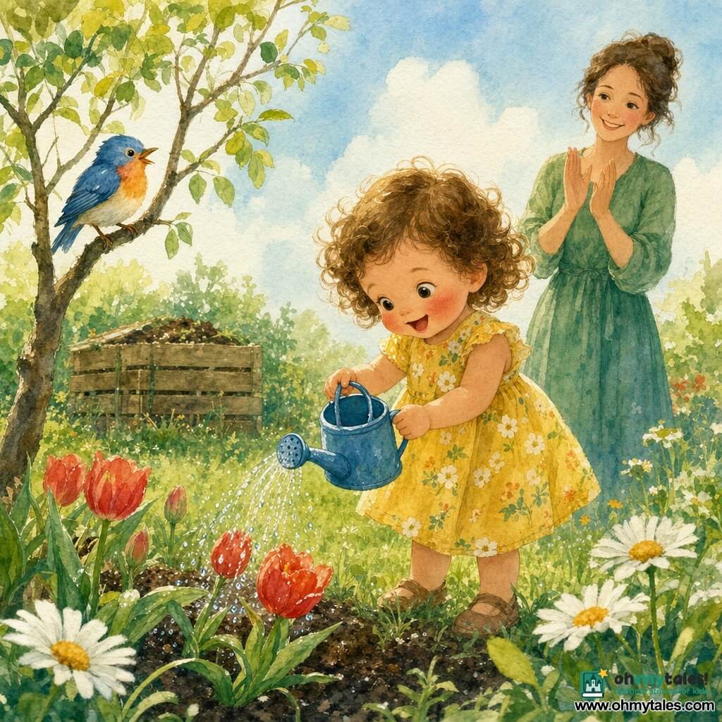A happy 2-year-old girl with curly brown hair and rosy cheeks in a yellow floral dress holds a small blue watering can and gently waters flowers; an adult mother with tied brown hair in a green dress stands slightly back to the right, smiling and softly clapping; a small round blue-and-orange bird perches on a low left branch singing; the garden is a green lawn dotted with large white daisies and red tulips, a young tree on the left, a wooden compost bin at the back, and a clear sky with a few soft clouds; main scene: the girl waters flowers with sparkling drops, vibrant petals and dark wet soil, calm and caring atmosphere.