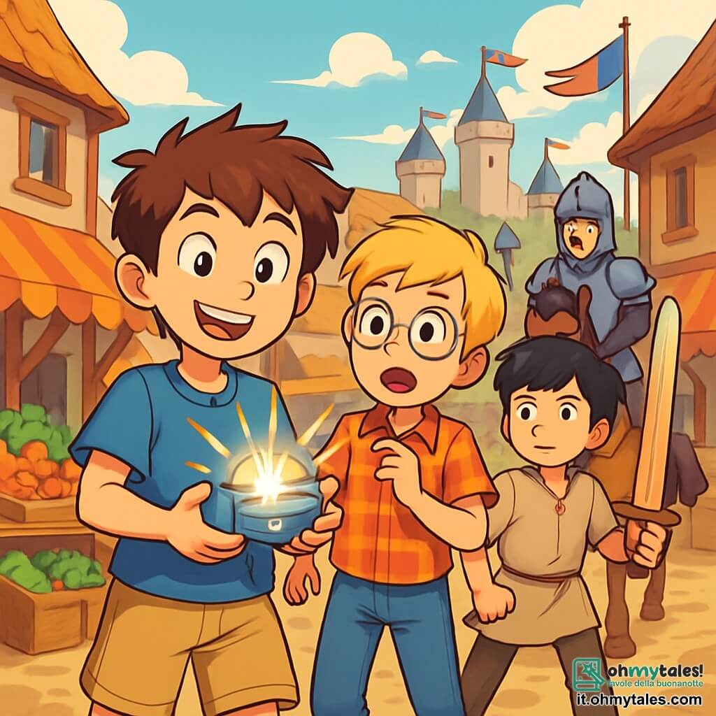 Ci sono 3 personaggi: - Luca: un ragazzo di 10 anni con capelli castani disordinati e occhi scintillanti di curiosità. Indossa una maglietta blu e pantaloni beige, e tiene in mano un strano dispositivo luminoso. - Pietro: un ragazzo di 10 anni con capelli biondi e occhiali rotondi che scivolano sul naso. È vestito con una camicia a quadri rossi e jeans, e guarda Luca con un misto di eccitazione e preoccupazione. - Artù: un ragazzo di 11 anni con capelli neri e una tunica di lino beige. Ha uno sguardo determinato e tiene una spada di legno, rimanendo leggermente in disparte, pronto a difendere i suoi nuovi amici. I tre ragazzi si trovano in un vivace villaggio medievale, circondato da case in pietra con tetti di paglia, con bancarelle colorate di frutta e verdura al mercato. Cavalieri in armatura passano a cavallo, e bandiere sventolano nel vento, aggiungendo colore alla scena. La situazione principale mostra Luca e Pietro, meravigliati, mentre scoprono il villaggio medievale con Artù, mentre un gruppo di cavalieri si avvicina a loro, creando un'atmosfera di avventura e mistero.