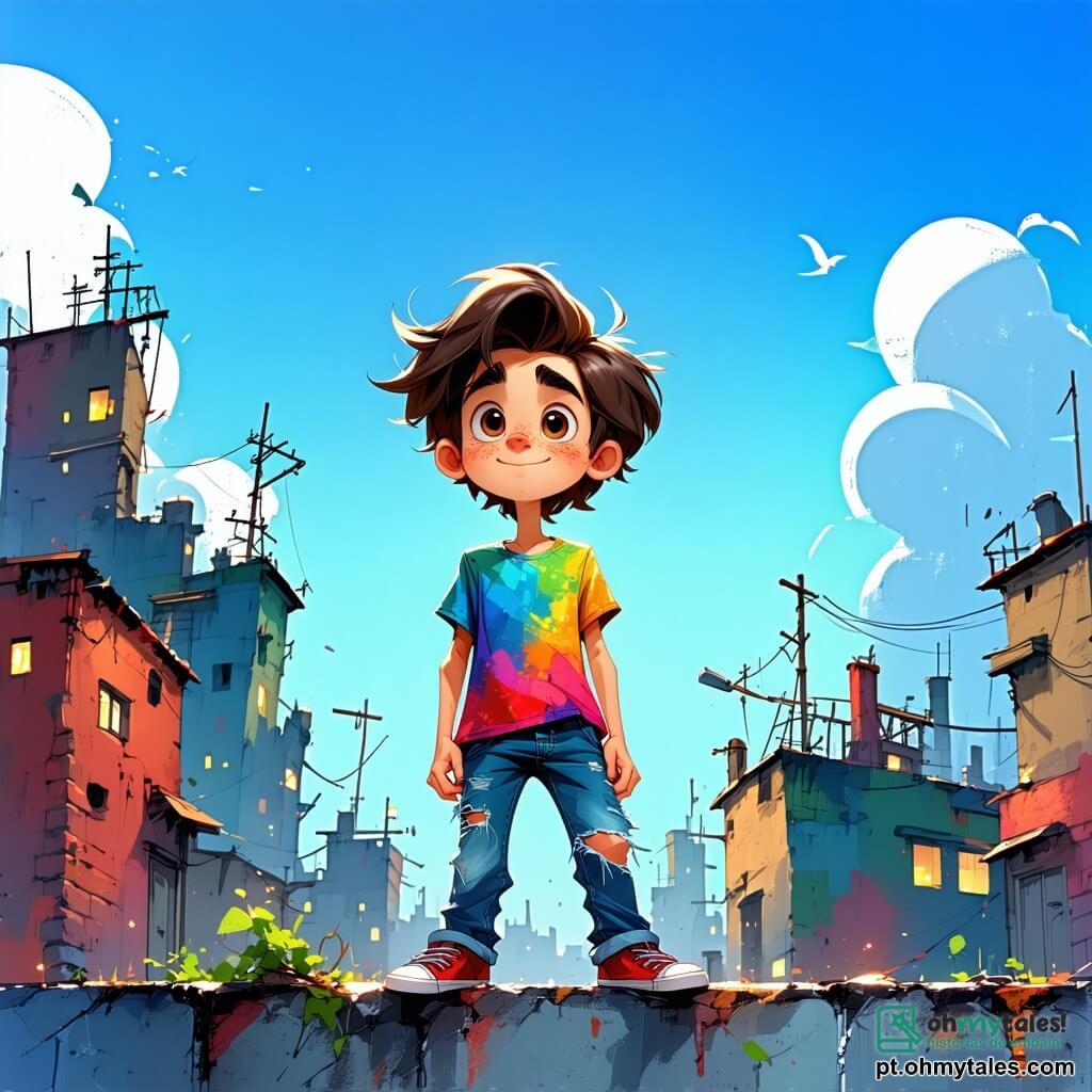 Um garoto de 12 anos, Vicente, com cabelos castanhos bagunçados e olhos brilhantes de curiosidade, está em pé no telhado de um edifício, o vento batendo em seu rosto com uma expressão de emoção e aventura. Ele usa uma camiseta colorida e um jeans rasgado, enquanto observa ao longe a cidade de Arame se estendendo abaixo dele, com edifícios de formas estranhas e luzes cintilantes. Ao seu lado, Zazu, um gato preto com olhos amarelos brilhantes, está sentado na beirada, com uma expressão travessa, como se estivesse pronto para pular no desconhecido. Mais adiante, Rita, uma garota de 12 anos com cabelos cacheados e um grande sorriso, segura um walkman vintage nas mãos, observando Vicente com admiração e impaciência. O céu é de um azul profundo, salpicado de nuvens fofas, enquanto a cidade abaixo é cheia de cores vibrantes: carros de formas futuristas, árvores com folhas multicoloridas e uma fonte que jorra chocolate. A cena principal mostra Vicente e seus amigos, prontos para mergulhar em uma nova aventura mágica, enquanto contemplam a cidade cheia de mistérios e surpresas, com uma atmosfera de excitação palpável no ar.