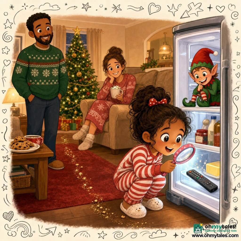 Mia, 4, joyful and determined with bright eyes and rosy cheeks, in red-and-white striped pajamas holding a stained pink magnifying glass, crouches to open the fridge as cold light illuminates her face and she discovers the TV remote on a fridge shelf beside the butter; a sparkly crumb trail leads from the beige couch toward the kitchen; Jingle, a mischievous Christmas elf with a red hat, perches on a shelf in the background, having just hidden the remote; dad stands left in a green Christmas sweater, beard short, hands in pockets smiling at Mia; mom sits right on the couch, hair tied, in a cozy snowflake dress holding a cup of hot chocolate, watching tenderly; the warm living room has a red rug, a decorated Christmas tree with gold baubles, a small table with a plate of cookies.