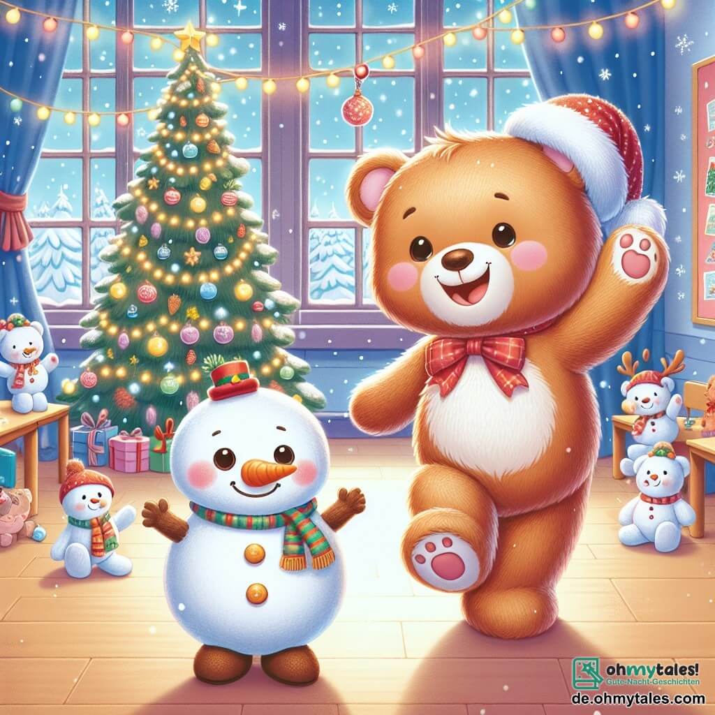 Ein kleiner Teddybär namens Theo mit weichem braunem Fell und einer hübschen roten Schleife um den Hals tanzt fröhlich in einem weihnachtlich dekorierten Klassenzimmer, sein Gesicht strahlt vor Glück und Staunen. Neben ihm applaudiert ein kleiner Schneemann namens Schnuff mit einer orangefarbenen Karotte als Nase und einem breiten Lächeln, seine Zweigarme zum Himmel erhoben, überquellend vor Freude. Die Szene spielt in einem warmen Klassenzimmer, geschmückt mit einem großen, funkelnden Weihnachtsbaum, der mit bunten Kugeln und Lichtern dekoriert ist, während draußen sanft Schneeflocken fallen. Theo und Schnuff feiern zusammen einen magischen Weihnachtstag, umgeben von tanzenden Spielzeugen und funkelnden Lichtern, und schaffen eine festliche und fröhliche Atmosphäre voller Lachen und Freundschaft.