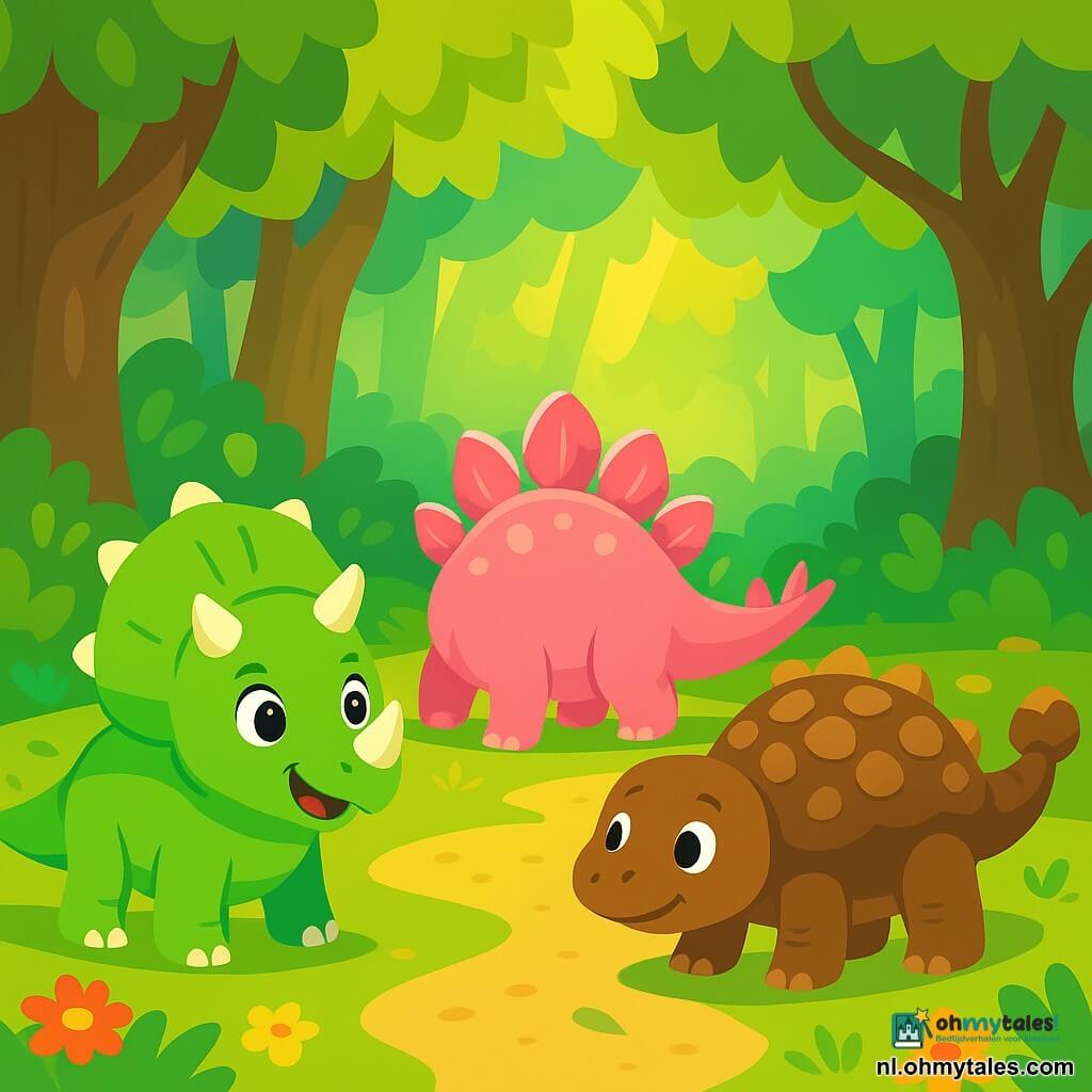 Een kleine triceratops genaamd Tibo, met een sprankelende groene huid en witte hoorns, kijkt met nieuwsgierige ogen. Hij staat in een blije houding, met zijn staart iets omhoog, klaar om te verkennen. Naast hem staat Rozelien, een roze stegosaurus met glanzende platen op haar rug, die glimlacht terwijl ze haar staart zwaait. Milo, een bruine ankylosaurus met een robuuste schuilplaats, staat iets verderop, geïntrigeerd door het mysterieuze geluid van het hout. 

De scène speelt zich af in een weelderig bos, vol met reusachtige bomen met groene en gouden bladeren, en kleurrijke bloemen verspreid over de grond. Stralen zonlicht breken door het loof, waardoor dansende schaduwen ontstaan. 

Tibo en zijn vrienden ontdekken een geheime weg in het bos, waar blije geluiden weerklinken, die hen aanmoedigen om verder te gaan in dit mysterieuze avontuur.