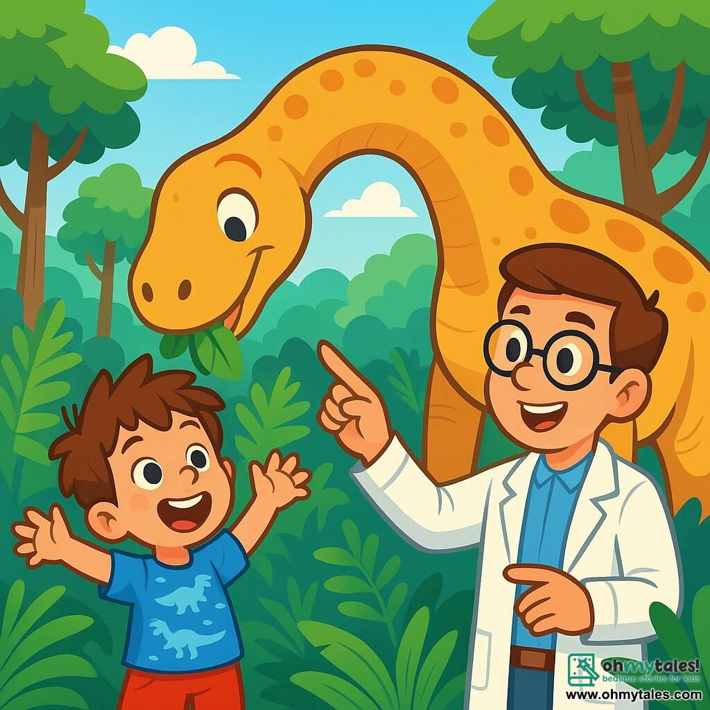 A 6-year-old boy, Timmy, with messy brown hair and sparkling curious eyes, stands in awe in front of a large herbivorous dinosaur. He is wearing a blue t-shirt with dinosaur patterns and red shorts, and his face shows intense joy and fascination. Next to him, a friendly scientist, a man in his 30s with round glasses and a white lab coat, smiles while pointing out the dinosaur to Timmy. They are both in a lush prehistoric forest filled with giant ferns and tall trees under a bright blue sky. The main scene shows Timmy with his arms raised in wonder as the dinosaur bends down to graze on leaves, creating a magical and adventurous atmosphere.