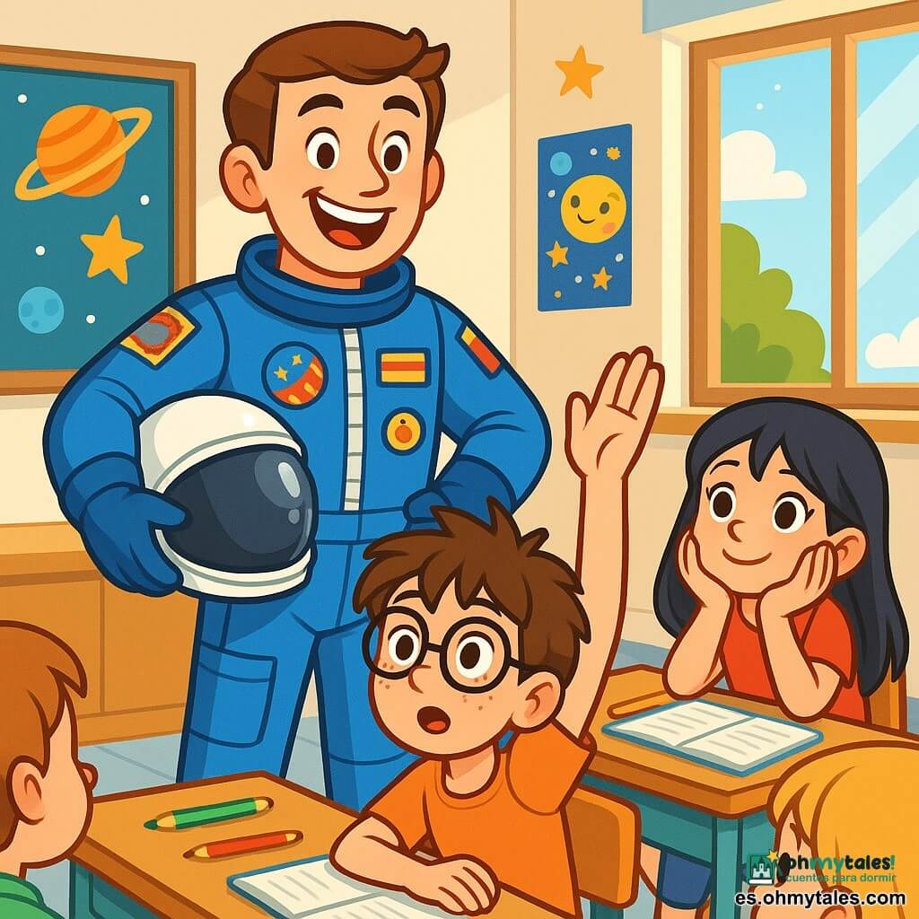 Un astronauta, con una gran sonrisa entusiasta, lleva un uniforme espacial azul brillante adornado con parches coloridos. Su casco brillante está bajo su brazo y se encuentra de pie frente a una clase de niños pequeños, con los ojos brillando de emoción. Andrés, un niño de 10 años con cabello castaño desordenado y gafas, levanta la mano con curiosidad, sentado en la primera fila. A su lado, María, una niña de 9 años con cabello largo y negro, mira al astronauta con admiración, con las manos en las mejillas. La escena tiene lugar en un aula luminosa, con paredes decoradas con dibujos de estrellas y planetas, y ventanas que dejan entrar la luz del sol. Los pupitres de madera están alineados, llenos de cuadernos y lápices de colores. El astronauta cuenta historias fascinantes sobre sus viajes al espacio, cautivando la atención de los niños que escuchan con asombro, soñando con convertirse en exploradores de las estrellas.