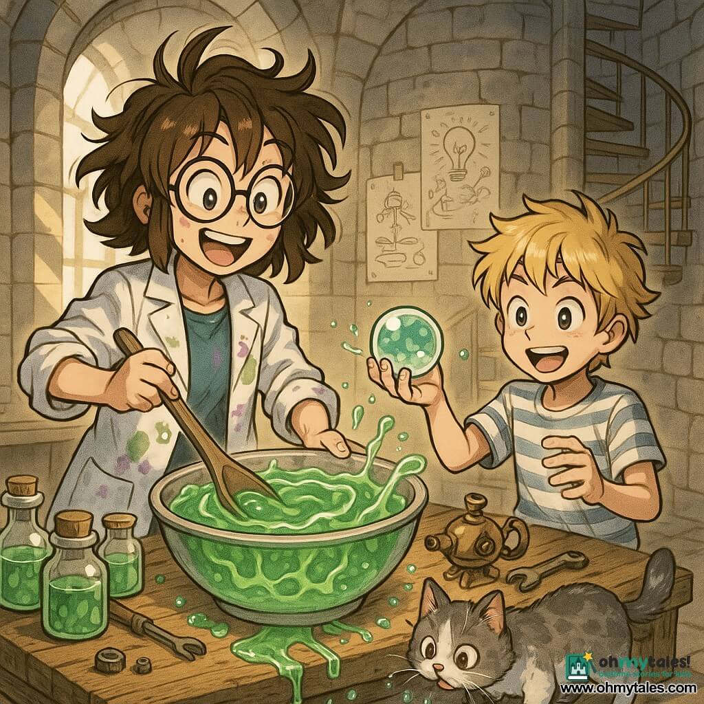 A joyful, mischievous woman inventor with messy brown hair, round glasses and a white coat stained purple and green stirs a giant spoon in a glowing bowl of translucent algae gel at the center of a cluttered wooden table; a lively ~10-year-old blond boy in a striped tee stands to her right holding a gelatinous water-filled sphere to pass her; a small fluffy gray-and-white cat named Puddle, curious and slightly wet, paws at a gel puddle by her feet; inside an old stone watchtower round room lit by slanting sunbeams, brass mechanisms, glass jars and sketched posters on the walls, spiral stairs in the background; the scene captures the precise moment of an experiment testing a gel-algae bubble bottle—shiny viscous textures, splashing droplets, and expressions of excitement and surprise in a warm inventive atmosphere.