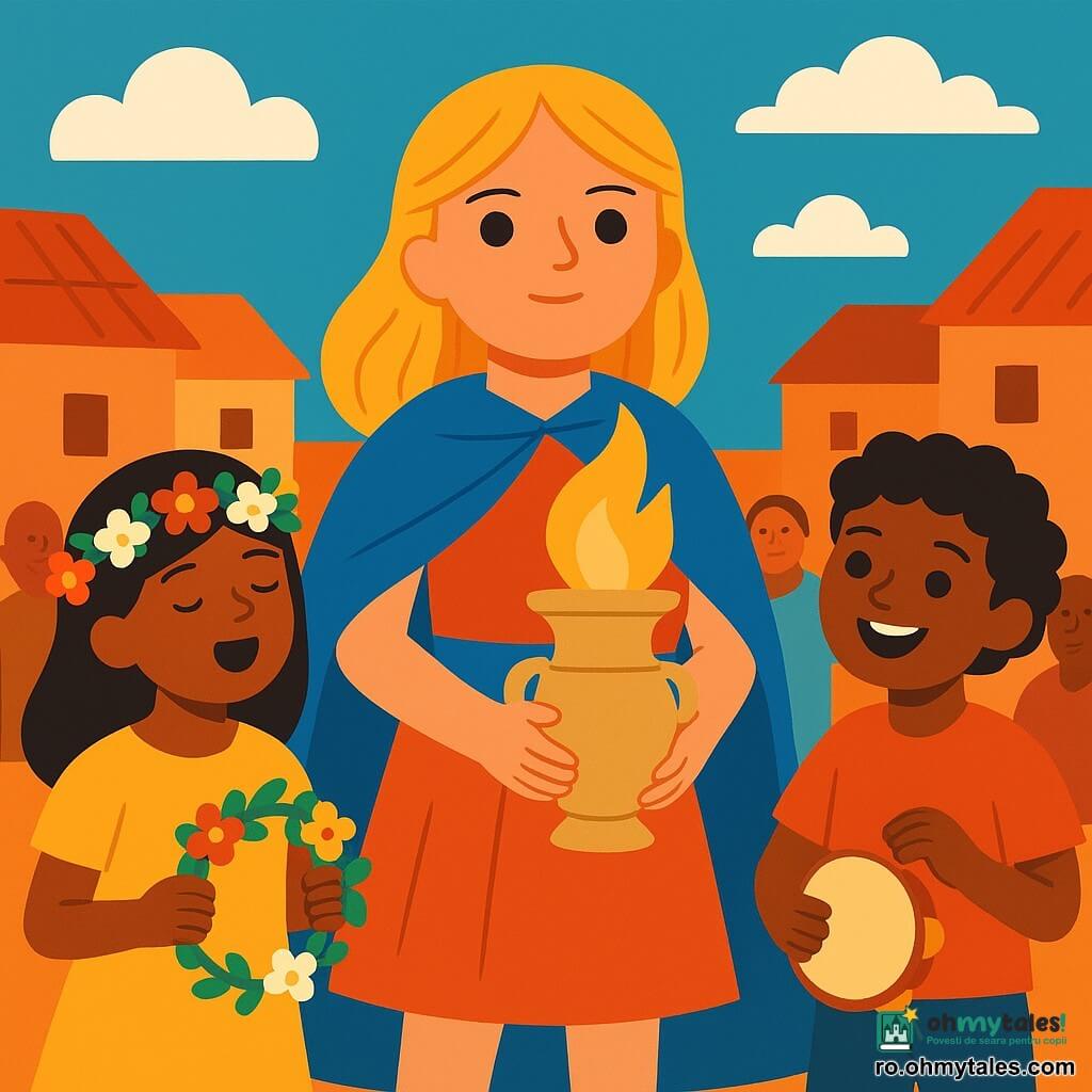 O tânără fată, Anaya, cu părul auriu ca spicele de grâu și ochi blânzi, stă cu hotărâre. Ea poartă o pelerină albastră și ține un vas vechi din care emana o flacără blândă și luminoasă. Alături de ea, Mira, o fetiță cu părul negru și ochi strălucitori, cântă veselă ținând o coroană de flori. Raju, un băiat cu părul creț și un zâmbet strălucitor, cântă la un tambur mic, adăugând o notă ritmică scenei. Se află în centrul unei piețe de sat înconjurată de case din teracotă și săteni curioși. Scena principală îi arată pe Anaya, Mira și Raju unindu-și forțele pentru a reînvia flacăra prieteniei și a adevărului, sub un cer albastru presărat cu nori albi și pufoși.