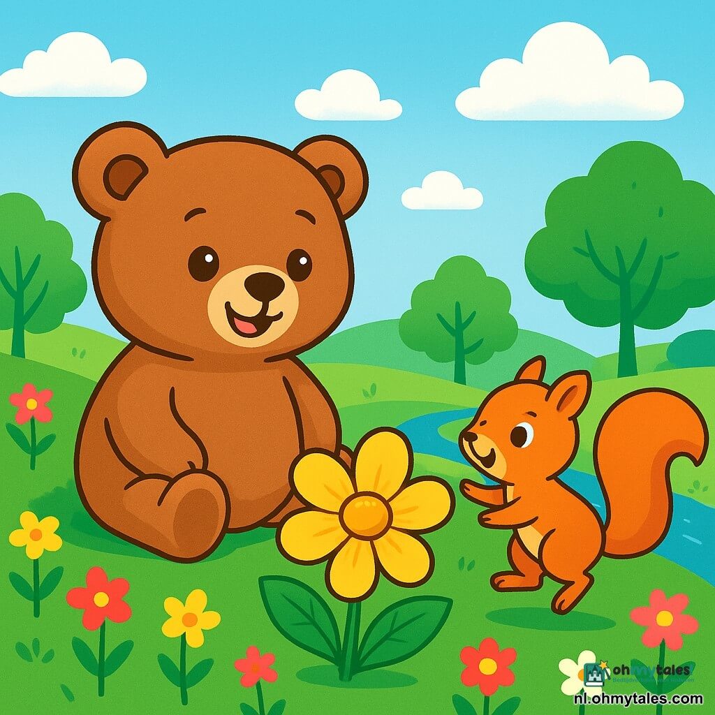 Een zachte, ronde teddybeer met een bruine vacht en sprankelende ogen staat bovenop een groene heuvel, glimlachend van verwondering. Naast hem springt een klein, rossig eekhoorntje met een pluizige staart en nieuwsgierige ogen van blijdschap en kijkt enthousiast naar de beer. Het landschap is gevuld met kleurrijke bloemen, grote bomen met heldergroene bladeren en een heldere blauwe lucht met donzige witte wolken. In de verte schittert een beekje in de zon, wat een vleugje magie aan de scène toevoegt. De beer en het eekhoorntje ontdekken een grote gouden bloem die zich langzaam opent en een kleine glanzende steen onthult, symbool voor avontuur en ontdekking.
