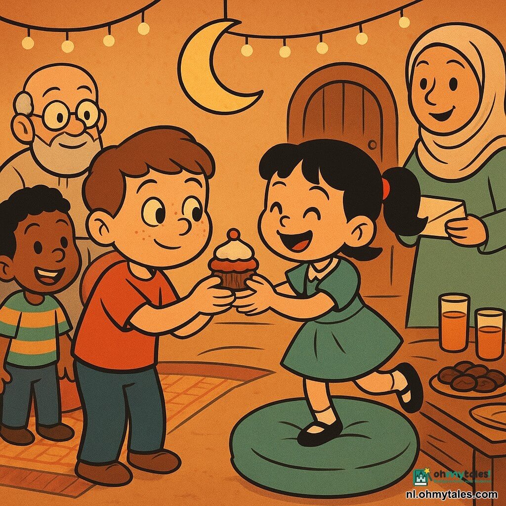 Een gezellige Eid-scène in een laag, knus woonkamer met geweven tapijt en kleurrijke kussens: Amir, 8 jaar, rond gezicht met sproeten en grote nieuwsgierige ogen, reikt verlegen een klein cakeje aan Lina, circa 5 jaar met staartjes en ondeugende glimlach, zij springt op een kussen; Yassin, ook circa 8, gebruinde huid en kleurrijk T-shirt, lacht achter Amir met hand op een fauteuilrug; Amina, circa 35, warm gezicht en pastel hijab, staat rechts bij de tafel en deelt envelopjes uit; Oom Rachid, circa 70, met ronde bril en grijze baard, zit op een groot kussen achteraan met vriendelijke blik; op lage houten tafels schalen met dadels, glazen sap en koekjesdozen, warme lichtslingers en een licht wiebelende papieren maan aan het plafond die de scène lijkt te zegenen; zachte, warme kleuren (oker, baksteen, saliegroen, zachtblauw), zachte contrasten, afgeronde schaduwen en vloeiende zwarte contouren in retro-cartoonstijl; middenkader, personages centraal in een kring, maan boven als focus, zicht op tafel en deur met slingers.