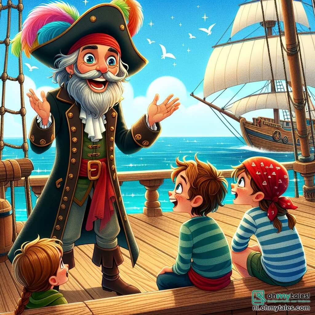 De hoofdpersoon is Kapitein Jan, een oudere man met een lange grijze baard en sprankelende ogen vol wijsheid. Hij draagt een piratenhoed versierd met kleurrijke veren en een versleten mantel, en staat op het dek van het schip, glimlachend en een boeiend verhaal vertel aan de jonge piraten. Sam, een jongen van ongeveer 10 jaar met rommelig bruin haar en opgewonden ogen, zit op de rand van het schip, aandachtig luisterend met een grote glimlach op zijn gezicht. Kim, een 9-jarig meisje met gevlochten blond haar en een rode bandana, staat naast Sam met gekruiste armen en verwonderde ogen, klaar om vragen over het verhaal te stellen. De scène speelt zich af op het houten dek van het schip "La Sterrenwind", met witte zeilen die in de wind wapperen en een blauwe lucht met enkele wolken. In de verte glinstert de oceaan met zachte golven die tegen de romp van het schip slaan. De belangrijkste situatie toont Kapitein Jan die een piratenverhaal vertelt, de aandacht van Sam en Kim vangend, die dromen van avonturen en verborgen schatten, terwijl de zon ondergaat en de lucht in warme gouden kleuren kleurt.