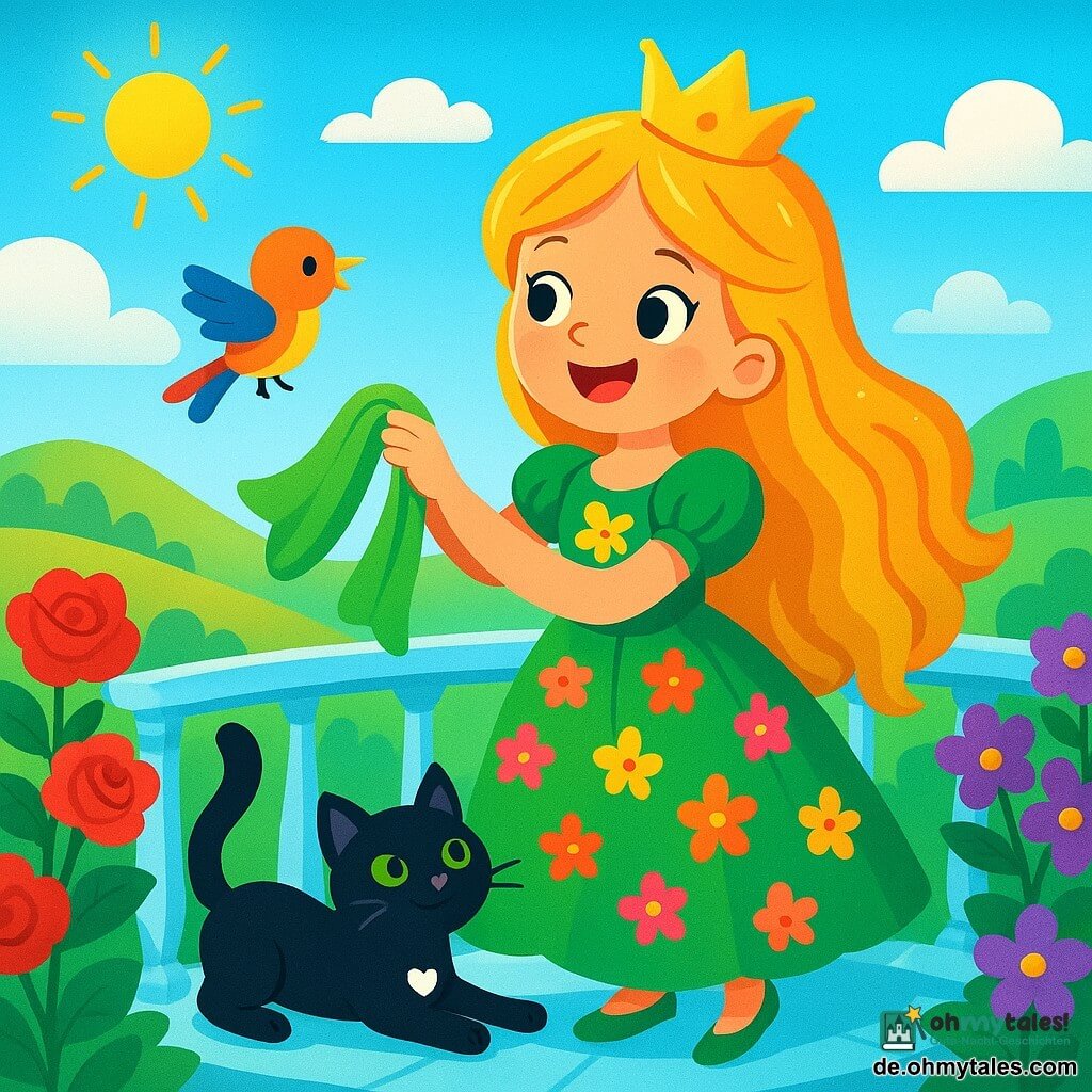 Eine Prinzessin namens Florina steht auf einem Kristallbalkon, strahlend vor Freude. Sie hat lange goldene Haare, die in der Sonne glänzen, und trägt ein grünes Kleid, das mit bunten Blumen verziert ist. Ihre Augen funkeln vor Aufregung, während sie die Landschaft betrachtet. Zu ihren Füßen dehnt sich eine schwarze Katze namens Silvio mit einem kleinen weißen Herz auf der Brust, ihre grünen Augen strahlen Intelligenz aus. Der Balkon ist von leuchtenden Blumen wie roten Rosen und Veilchen umgeben und bietet einen atemberaubenden Blick auf eine zauberhafte Landschaft mit grünen Hügeln und einem blauen Himmel, der mit fluffigen weißen Wolken gesprenkelt ist. Im Mittelpunkt steht Florina, die ein grünes Tuch in den Händen hält, bereit, es einem bunten Vogel anzubieten, der sich ihr nähert und sanft in der frischen Morgenluft flattert.