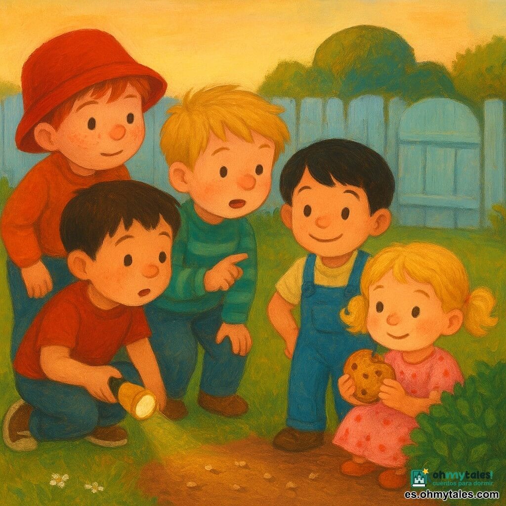 Hay cinco personajes: Luis, niño de 3 años, cabello castaño corto, rostro redondo y manchas de harina en las mejillas, agachado a la izquierda con una linterna amarilla; Mateo, niño de 3 años, cabello rubio despeinado y jersey verde a rayas, sentado junto a Luis señalando la escondida tras el arbusto; Nico, niño de 3 años, cabello negro liso y peto azul, a la derecha con las manos en las caderas sonriendo; Dani, niño de 3 años, pelirrojo con pecas y un sombrero rojo grande, detrás inclinándose para mirar; la hermanita de unos 2 años, pelo rubio rizado en coletas, vestido rosa con migas, sentada detrás de un pequeño arbusto sujetando media galleta y sonriendo tímida. El lugar es un jardín al anochecer con césped verde, pequeñas flores blancas, una valla de madera azul claro y una puerta entreabierta; en el centro un arbusto redondo con hojas verdes y migas en la tierra. Situación: los cuatro pequeños, siguiendo una senda de migas, descubren cariñosamente a la hermanita escondida detrás del arbusto mostrando media galleta; ambiente tranquilo y luminoso, expresiones de sorpresa y perdón, colores cálidos y contrastes suaves.