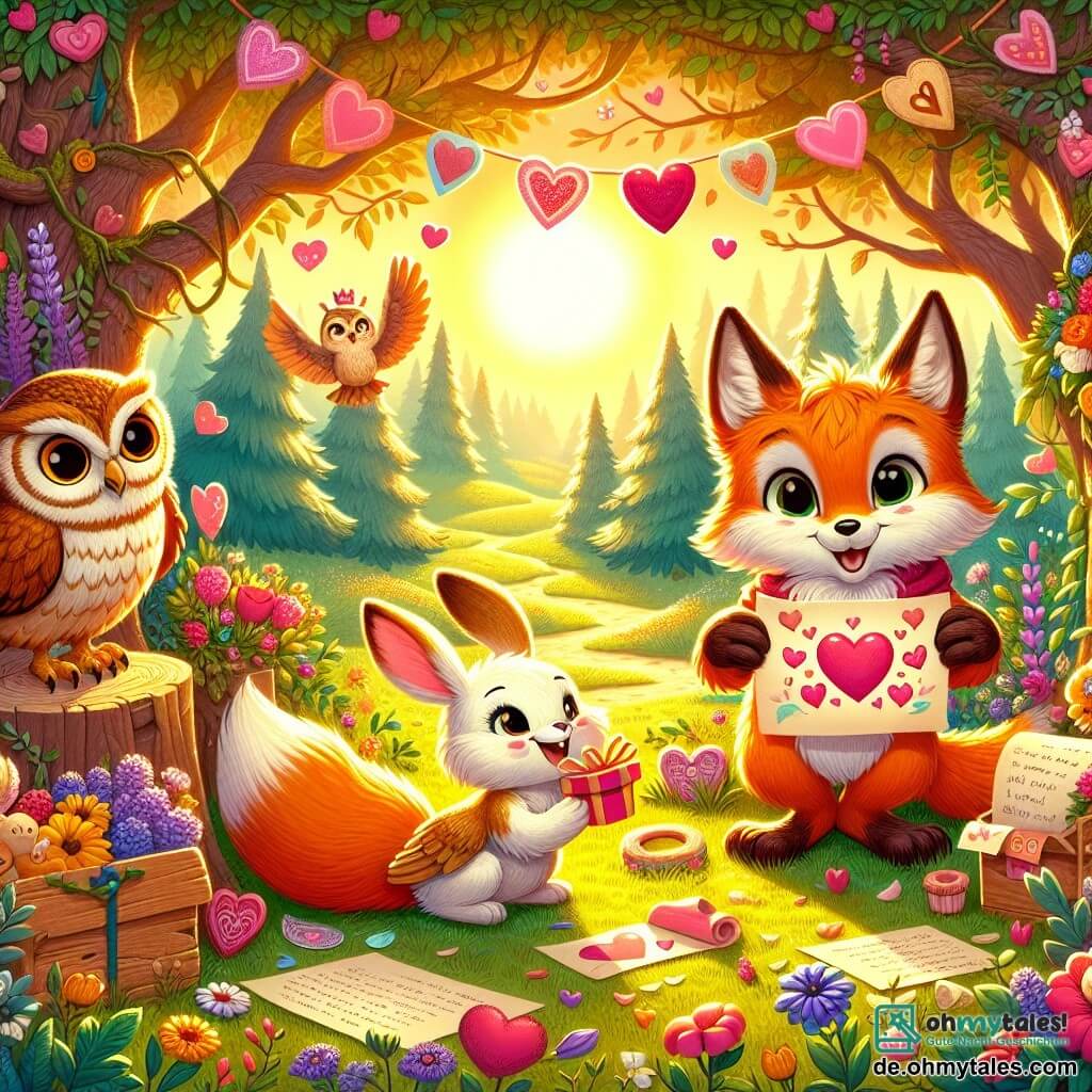 Ein kleiner, leuchtend orangefarbener Fuchs mit großen, fröhlichen Augen steht lächelnd im Zentrum einer sonnigen Lichtung, umgeben von bunten Blumen und grünen Blättern. Er hält eine herzförmige Karte in seinen Pfoten, bereit, sie seinen Freunden zu zeigen. Rechts von ihm sitzt eine weise Eule mit braun-weißen Federn und großen, neugierigen Augen, die ihn mit einem wohlwollenden Lächeln ansieht und eine Papierrolle in ihren Krallen hält, um eine Botschaft der Freundschaft zu schreiben. Links von ihm springt ein kleiner Hase mit langen Ohren und schelmischen Augen, weißem Fell und braunen Flecken fröhlich umher, ein kleines Geschenk in den Pfoten, sein Gesicht strahlt vor Aufregung. Die Szene spielt in einer verzauberten Lichtung, umgeben von majestätischen Bäumen und leuchtenden Blumen, wo die Luft erfüllt ist von Vogelgesang und einem süßen Frühlingsduft. Der Fuchs und seine Freunde bereiten eine Überraschung zum Valentinstag vor, umgeben von bunten Dekorationen, Papierherzen und Leckereien, während sie in festlicher und freundlicher Atmosphäre lachen und Freude teilen.
