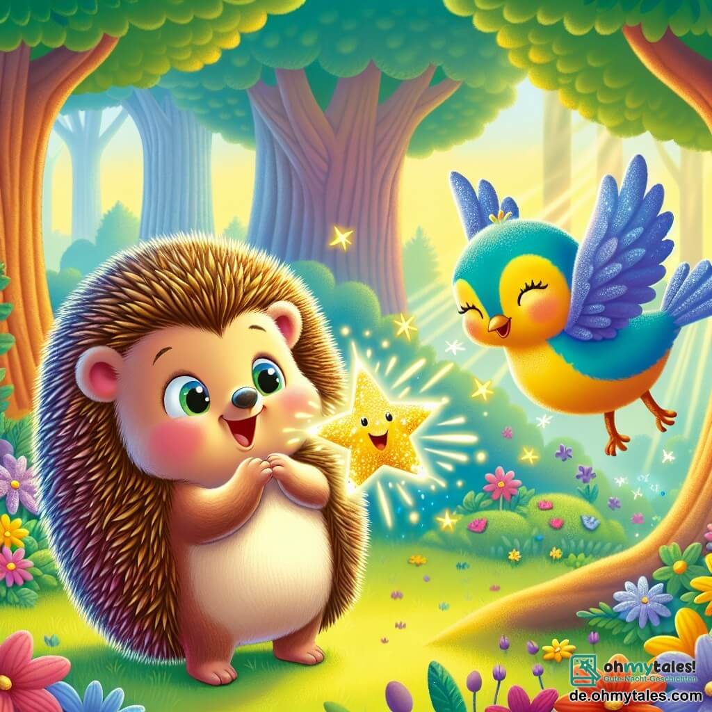 Ein kleiner Igel namens Finn, mit sanften und glänzenden Stacheln, steht im Mittelpunkt des Bildes, die Augen vor Überraschung und Freude weit geöffnet, und hält einen glitzernden goldenen Stern zwischen seinen kleinen Pfoten. Rechts von ihm fliegt ein bunten Vogel namens Lilli, mit leuchtend blauen Federn und einem gelben Bauch, fröhlich singend und mit ausgebreiteten Flügeln. Die Kulisse ist ein wunderschöner verwunschener Wald mit großen, robusten Bäumen, leuchtend bunten Blumen und Sonnenstrahlen, die durch das Blattwerk filtern und eine magische Atmosphäre schaffen. In dieser Szene entdeckt Finn die Kraft des Zaubersterns, der seinen kleinen Körper erleuchtet und seine Umgebung in eine märchenhafte Welt verwandelt.