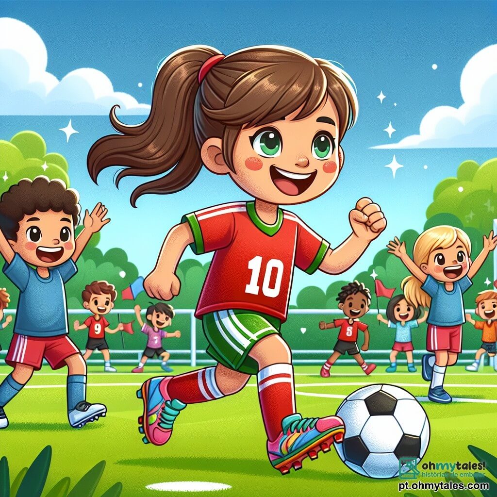No centro da imagem, Ana, uma menina de 10 anos, está driblando uma bola de futebol em um campo verdejante. Ela tem longos cabelos castanhos presos em um rabo de cavalo, um grande sorriso no rosto que demonstra sua alegria e determinação. Ela usa uma camisa vermelha com o número 10, um short preto e tênis coloridos. À sua direita, João, um menino de 9 anos, a incentiva levantando os braços, com os olhos brilhando de excitação. Ele tem cabelos curtos e cacheados, e veste uma camiseta azul e um short verde. À sua esquerda, Maria, uma menina de 8 anos, está pronta para receber o passe, com um olhar concentrado. Ela tem cabelos loiros e usa um vestido esportivo rosa. O campo de futebol é cercado de vegetação, com árvores ao fundo e espectadores alegres nas arquibancadas, agitando bandeiras e aplaudindo. O céu é azul com algumas nuvens brancas, acrescentando luz à cena. A situação principal mostra Ana em ação, driblando a bola com facilidade, enquanto seus amigos a incentivam, criando uma atmosfera de camaradagem e alegria ao redor do jogo.