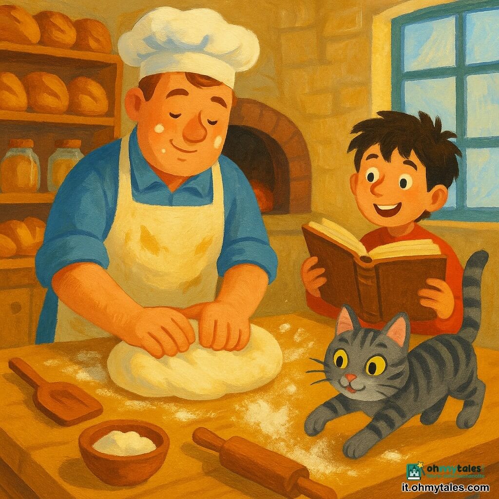 Un uomo panettiere sui trent'anni, viso rotondo con farina, capelli castani corti e grembiule beige macchiato, concentrato e fiero mentre impasta una brioche su un grande tavolo di legno; un ragazzo di circa 12 anni, Filippo, capelli neri arruffati, sorride tenendo un vecchio ricettario alla destra del tavolo; una gatta grigia tigrata, Micia, occhi verdi, salta sul tavolo rovesciando un po' di farina in primo piano; la panetteria è piccola e accogliente con muri in pietra chiara, scaffali di legno pieni di pani dorati, una grande finestra a quadri che lascia entrare la luce mattutina e un forno antico sullo sfondo; la scena mostra la pasta bianca e soffice al centro, nuvolette di farina sospese, utensili di legno sparsi; palette calda di gialli dorati, bruni e crema con tocchi di blu, texture da pittura acrilica e pennellate espressive per un'atmosfera intima e vivace.