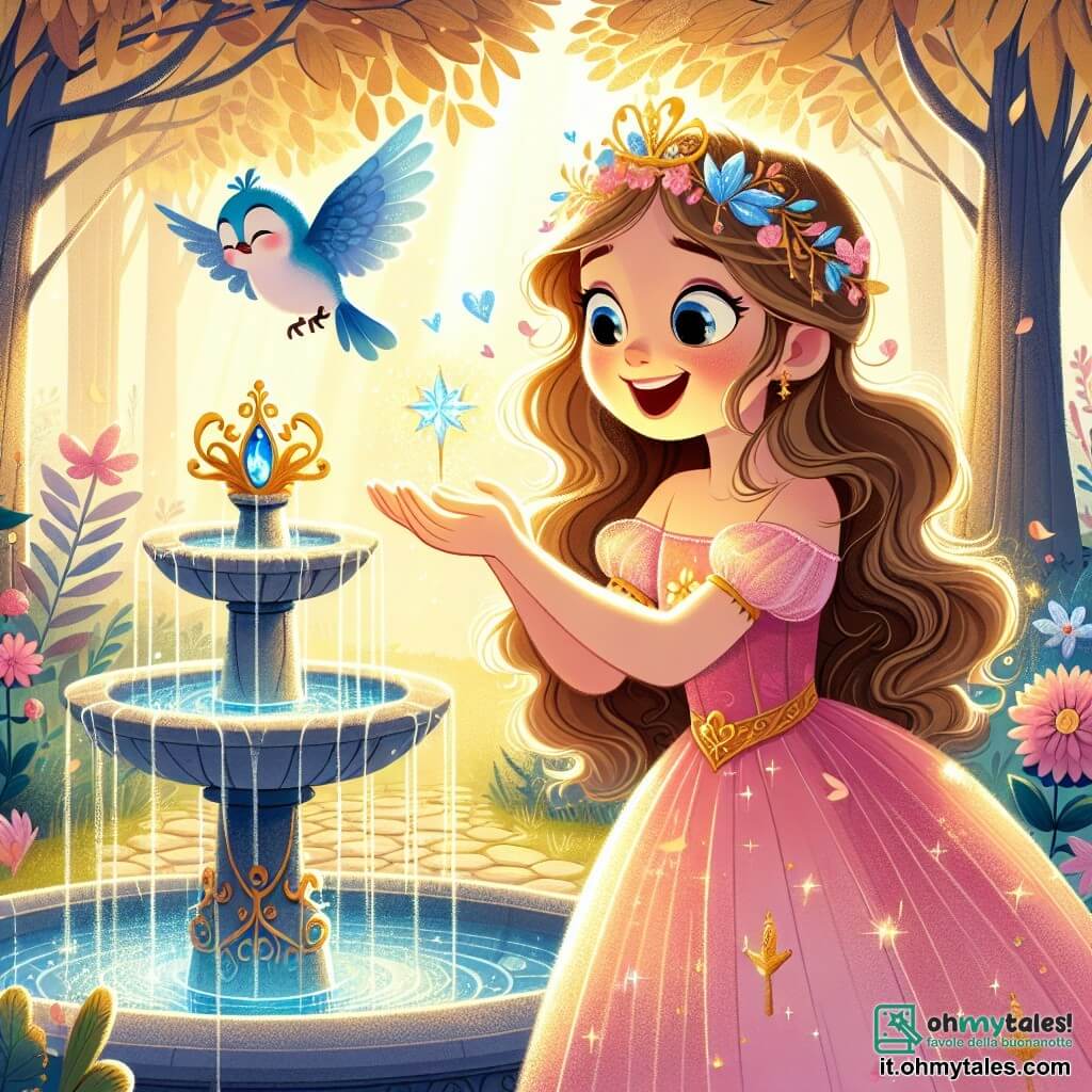 La principessa Lila, una ragazza di circa 10 anni, ha lunghi capelli ondulati di colore castano chiaro e indossa un vestito rosa decorato con fiori scintillanti. Sorride meravigliata, tenendo in mano una piccola coppa d'acqua magica, accanto a una fontana scintillante. Accanto a lei, un piccolo uccello blu, felice e curioso, vola intorno a lei, con le sue ali brillanti che catturano la luce del sole, sembrando incoraggiare Lila a assaporare l'acqua della fontana. Il contesto è un giardino segreto incantevole, pieno di fiori colorati e grandi alberi con foglie dorate, con i raggi di sole che filtrano tra i rami, creando un'atmosfera magica e pacifica. La scena principale mostra Lila, meravigliata, pronta a bere l'acqua della fontana per ritrovare il suo sorriso perduto, circondata dalla bellezza del giardino e dall'amicizia dell'uccello.