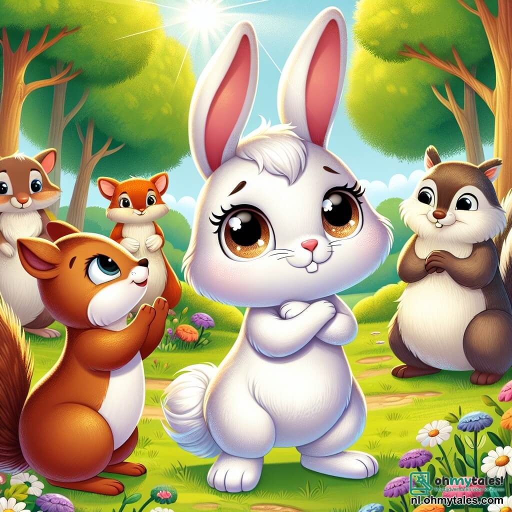 Een schattig konijn met grote oren en witte vacht, met heldere en treurige ogen, staat in het midden van een zonnige open plek, met zijn voorpoten gekruist over zijn borst, wat een diepe melancholie uitdrukt. Aan zijn rechterkant moedigt een eekhoorn met een bruine vacht en levendige ogen, met een vastberaden uitdrukking, hem aan door een poot op te heffen, klaar om hem te steunen in een moeilijke tijd. Op de achtergrond staan een groep oudere dieren, zoals een sluwe vos en een wijze uil, op afstand en observeren ze de scène met nieuwsgierige en wat verwarde gezichten. De open plek is omringd door kleurrijke bloemen en grote groene bomen, wat een zowel magische als rustgevende sfeer creëert. Het belangrijkste moment toont het konijn dat zich geïsoleerd en verdrietig voelt, terwijl zijn vriend het eekhoorn aan zijn zijde staat, klaar om hem te helpen zijn angsten te overwinnen en de andere dieren onder ogen te zien.