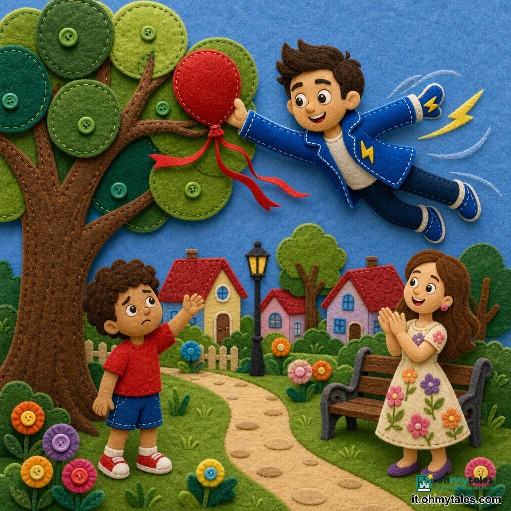 Un uomo, Lume Veloce, sorridente e benevolo, volto luminoso, grandi occhi brillanti, magro, giacca blu lucida con bordi cuciti bianchi, mani con piccoli fulmini gialli ricamati, vola all'aperto tendendo il braccio per afferrare un palloncino; un bambino di circa 5 anni, capelli mossi castano, maglietta rossa, espressione da triste a gioiosa, tiene una piccola mano tesa verso il palloncino, in piedi sotto l'albero a sinistra dell'eroe; una donna adulta (la mamma), pelle chiara, vestito a fiori, applaude e sorride, leggermente indietro a destra del bambino vicino a una panchina; luogo: parco di quartiere stilizzato in feltro con grande albero verde dalle foglie rotonde cucite, prato verde testurizzato, sentiero beige, fiori colorati a rotondi ritagliati, case pastello con tetti rossi sullo sfondo; situazione principale: Lume Veloce recupera delicatamente un palloncino rosso incastrato nei rami, il palloncino è morbido e rotondo, il vento è suggerito da alcuni nastri di stoffa, scena semplice e colorata con grandi bottoni, cuciture visibili e texture in feltro evidenti.