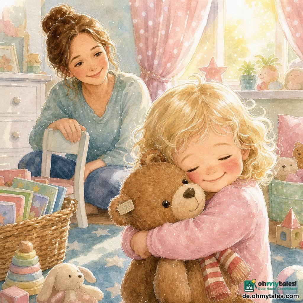Ein zweijähriges Mädchen mit blonden kleinen Locken, rundem Gesicht und rosa Wangen, freudigem, erleichtertem Ausdruck, hält ihr braunes, an den Nähten geflecktes Stoffbärli mit Knopfaugen, einem angenähten Etikett am Ohr und rot-beiger Ringelschal an die Brust; eine etwa 30-jährige Mutter mit kastanienbraunen Haaren im lockeren Dutt und zärtlichem Lächeln hockt hinter dem Kind und legt die Hand sanft an die Lehne eines kleinen Stuhls; die Szene spielt in einem hellen Kinderzimmer mit sternemustergem Teppich, weißer Kommode, einem Korb voller bunter Bücher und verstreutem Spielzeug, das Mädchen zieht fröhlich den Bärli aus dem Bücherkorb, die Mutter ist nahe und aufmerksam, warme Sonnenstrahlen fallen durch ein Fenster mit gepunkteten Vorhängen, ruhige, geborgene Stimmung, sanfte Pastellfarben (zartrosa, himmelblau, minzgrün), Aquarelltextur sichtbar, feine Konturen mit weißem Gelstift für Lichtreflexe.