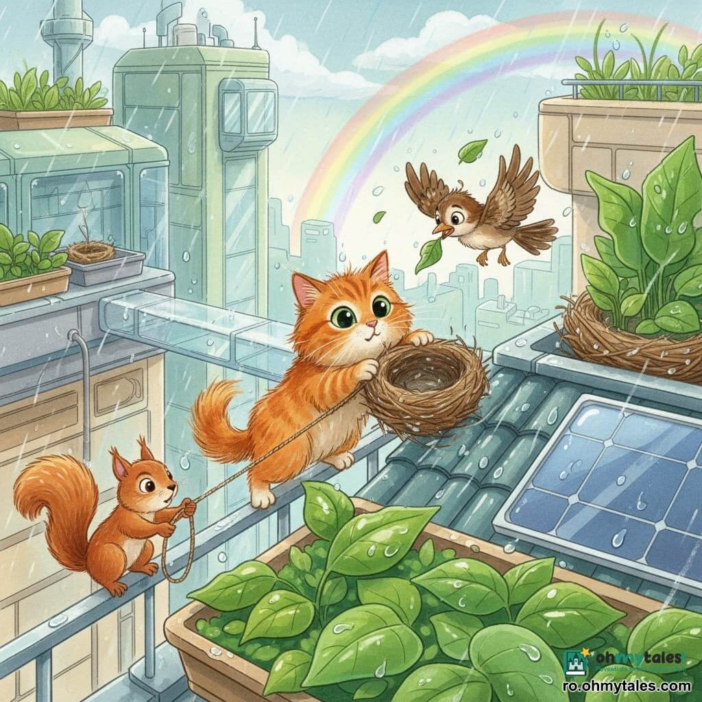 Milo, o pisică domestică portocalie cu blană pufoasă și ochi mari verzi, se ține cu lăbuțele pentru a menține un cuib înclinat pe marginea unei terase futuriste, Tiki, o vrabie mică maro, zboară deasupra aducând frunze, iar Zuzu, o veveriță tânără roșcată, leagă cuibul de balustradă cu o sforicică; terasa urbană e plină de ghivece verzi, panouri solare și pasarele transparente, plouă ușor, picăturile strălucesc pe frunze și, la depărtare, se zărește un pod curcubeu — o scenă caldă și solidară de reparare colaborativă a cuibului.