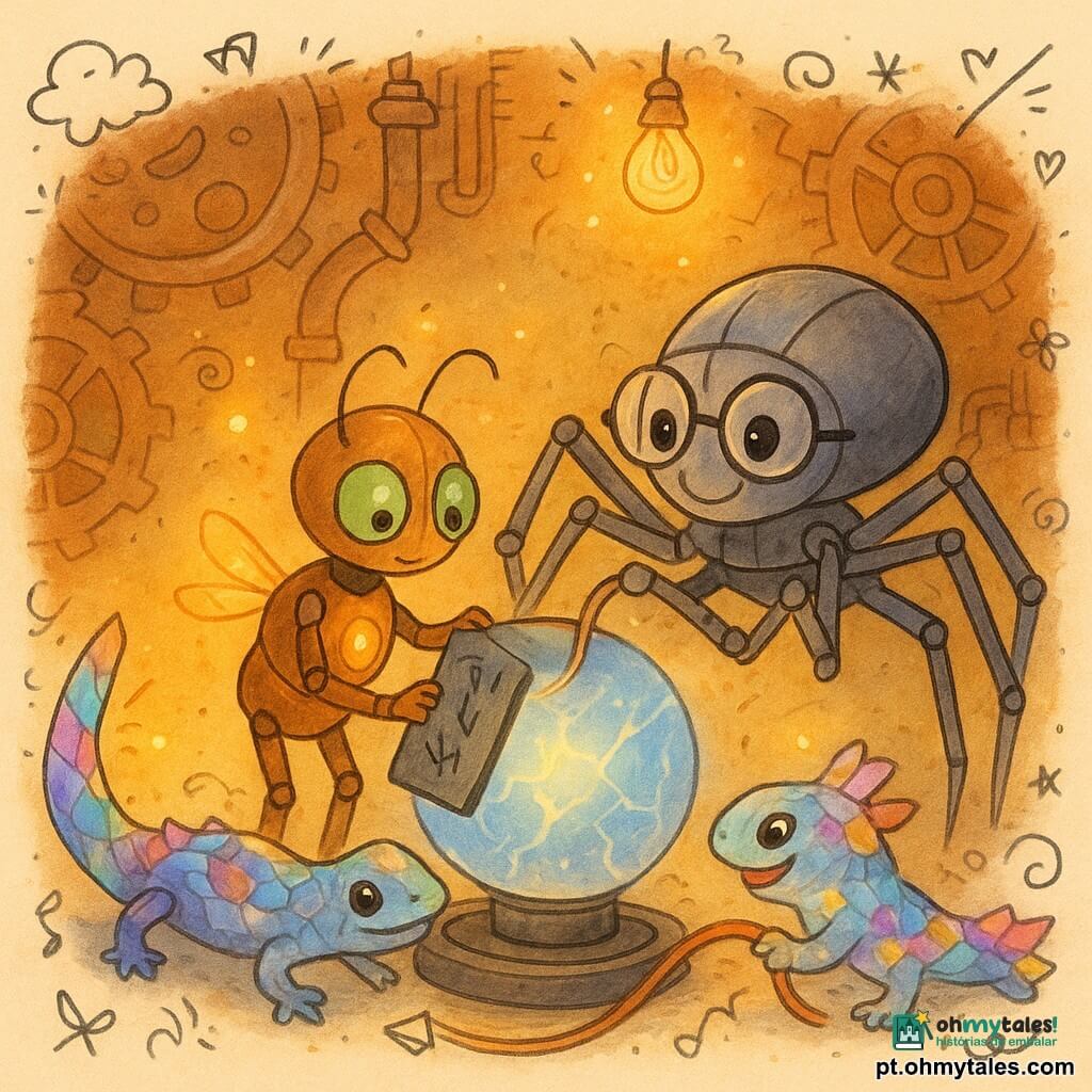 Tico, um pequeno autômato vagabundo em forma de vaga‑lume metálico, tímido mas determinado, com carapaça de cobre, olhos de vidro verde e uma luz quente no peito, segura uma placa de pedra negra gravada com runas e a insere num pedestal circular; Dona Brasa, uma grande aranha mecânica com oito patas finas de aço polido e óculos redondos, sorrindo calma e concentrada, segura um cabo de cobre brilhante atrás de Tico pronta para conectar; Nila, uma salamandra de cristal com escamas prismáticas e cauda em fragmentos arco‑íris, alegre e travessa, encosta a ponta de sua cauda luminosa no cabo à esquerda de Tico, lançando faíscas coloridas; local: coração do Farol do Éter — sala circular alta com paredes cobertas de engrenagens enferrujadas e tubos de latão e, ao centro, uma grande esfera de cristal rachada por onde correm rios de éter azul‑pálido, lâmpadas de filamento e pequenas esferas de luz flutuando; situação: os três unem suas fontes de luz — placa rúnica, cabo de cobre e cauda prismática — e a esfera central começa a iluminar‑se em ondas douradas e azuladas com partículas brilhantes, expressão de esperança e despertar; estilo: cores vivas, texturas metálicas/cuivre/cristal bem marcadas, iluminação dramática vinda do núcleo, composição centrada e legível com toques de rabiscos infantis; câmera levemente em plongée, enquadramento fechado no grupo para mostrar a emoção e o gesto coletivo.