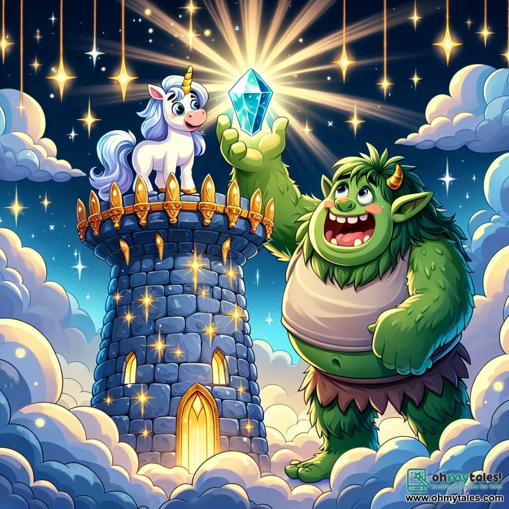 A friendly ogre named Ollie, big and green with sparkling kind eyes, stands atop a shimmering tower. He smiles in wonder, holding a sparkling gem that lights up his joyful face. Beside him, a wise old unicorn with a silver mane and gentle eyes watches him proudly while standing on a cloud of light, adding a touch of magic to the scene. The setting is the Tower of Stars, a majestic structure made of bright stones that twinkle like stars, surrounded by fluffy clouds and golden light dancing around them. Ollie, filled with joy, has just discovered the magical gem at the top of the tower, celebrating his adventure with a radiant smile as the unicorn encourages him with a benevolent gaze.