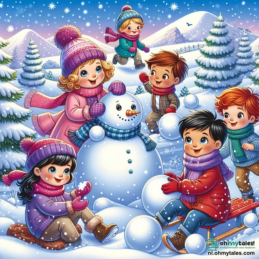 In een betoverend winterlandschap spelen vijf kinderen in de sneeuw. Lotte, een meisje met blond krullend haar, draagt een roze jas en maakt een sneeuwpop met een grote glimlach. Naast haar rolt Finn, een jongen met kort bruin haar, een grote sneeuwbal en draagt een blauwe sjaal. Noor, een meisje met zwart steil haar, draagt een paarse muts en gooit lachend een sneeuwbal. Sam, een jongen met rood haar, zit op een rode slede, klaar om te glijden, terwijl Ties, een jongen met bruin rommelig haar, gekke gezichten trekt achter een sneeuwhoop. De achtergrond is een heuvel bedekt met een dikke laag glinsterende sneeuw, omringd door majestueuze dennenbomen met sneeuw op de takken. De lucht is helderblauw en de zon schijnt, waardoor er fonkelingen op de sneeuw ontstaan. De kinderen zijn bezig een sneeuwpop te maken, lachend en spelend samen, terwijl een nieuwsgierig vogeltje hen vanaf een takje observeert. Het is een vrolijke en levendige scène die de geest van de winter en vriendschap vastlegt.
