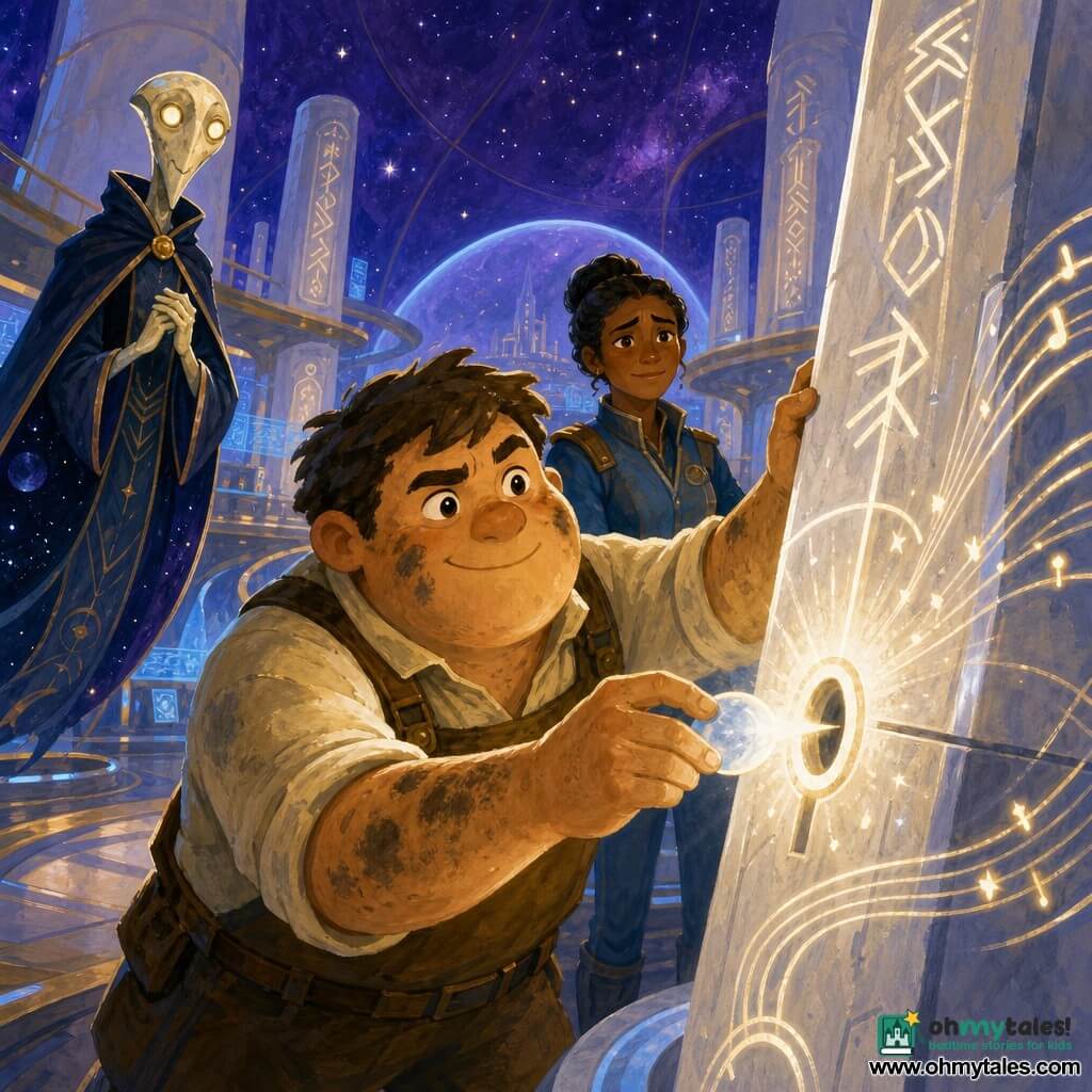 The main character is a man named Jory: round face with grease spots and a determined wide smile, sparkling eyes, sleeves rolled up, holding a small glowing stone moon he is about to insert into a slot in the pylon. Jory is focused and reassuring, leaning forward with one hand on the pylon and the other clutching the moonstone like a warm treasure. The secondary character is Captain Mira, about 35, hair in a bun, relieved but worried, standing just behind Jory watching with a hand on a glowing console. Another secondary is the librarian, a thin, cloaked, non-human but benevolent figure floating slightly to the left with soft lantern-like eyes. The setting is the central hall of a space citadel: large white stone rune pillars engraved with glowing symbols, narrow metal walkways, blue holographic screens, and above a starry dome painted violet and indigo. The main action: Jory inserts the moonstone into the pylon, a silvery glow bursts in harmony, the runes along the pillar light up in musical lines, the distant shield resumes a smooth arc; an atmosphere of hope and reconciliation.