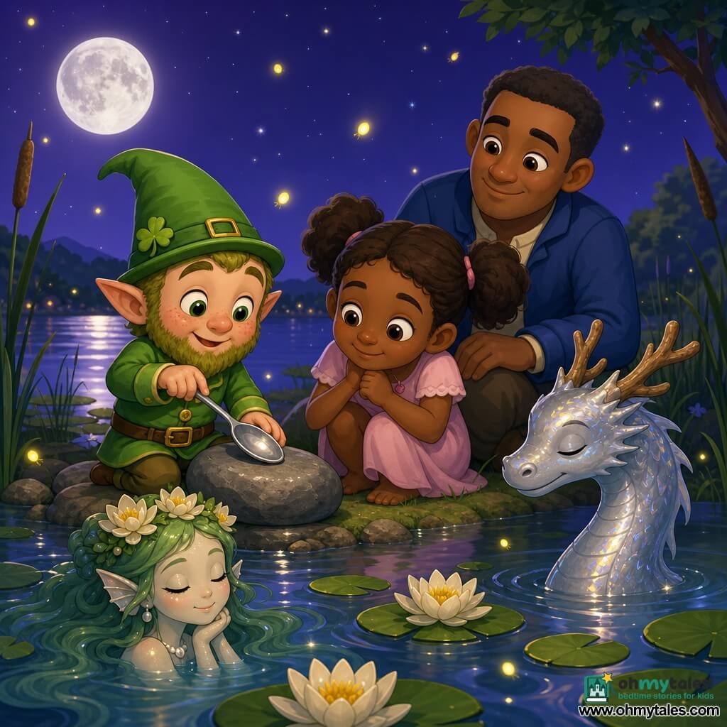 A joyful little elf named Pip with a round freckled face, a small green mossy beard, a bright green jacket with gold buttons and a pointed hat with a shamrock, taps a silver spoon on a pebble; nearby crouches Mia, about six, with big bright eyes, brown pigtails and a simple pale pink dress, listening, while her father, a calm man with short hair and a blue jacket, sits on the grass behind her with a hand on her shoulder; a small silver water dragon with iridescent scales and tiny wooden antlers emerges near the shore to Mia’s right, sleepy and gentle, and a nacre-skinned mermaid with seaweed-green hair and a lily-pad crown floats just below the surface to the dragon’s left, smiling; the scene is Moonleaf Lake at night with mirrorlike silver water, green lily pads, thin reeds, drifting yellow fireflies and a soft violet starry sky as Pip’s spoon makes the lake sing and calm luminous ripples lull the creatures to sleep.