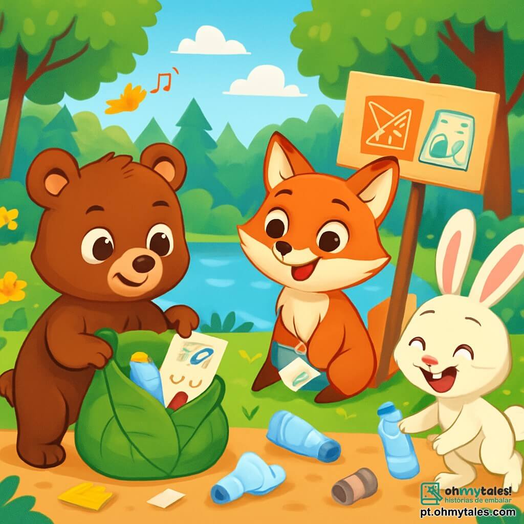 Um pequeno urso pardo, chamado Tobias, com grandes olhos curiosos e um sorriso determinado, está à beira de um lago cintilante, recolhendo lixo com um saco feito de folhas. Ao seu lado, uma raposa astuta, Lila, com um pelo ruivo brilhante e uma expressão entusiasmada, segura um cartaz colorido dizendo "Recicle aqui!" enquanto desenha imagens em uma folha. Um coelho branco travesso, Pedro, com orelhas longas e um ar alegre, está ocupado recolhendo garrafas plásticas, rindo com seus amigos. Ao fundo, a floresta exuberante está cheia de árvores verdes majestosas, flores coloridas e pássaros cantores, criando uma atmosfera vibrante e alegre. A cena mostra o compromisso dos animais em limpar seu ambiente, com lixo espalhado ao redor deles, mas um lago que começa a brilhar de limpeza graças aos seus esforços.