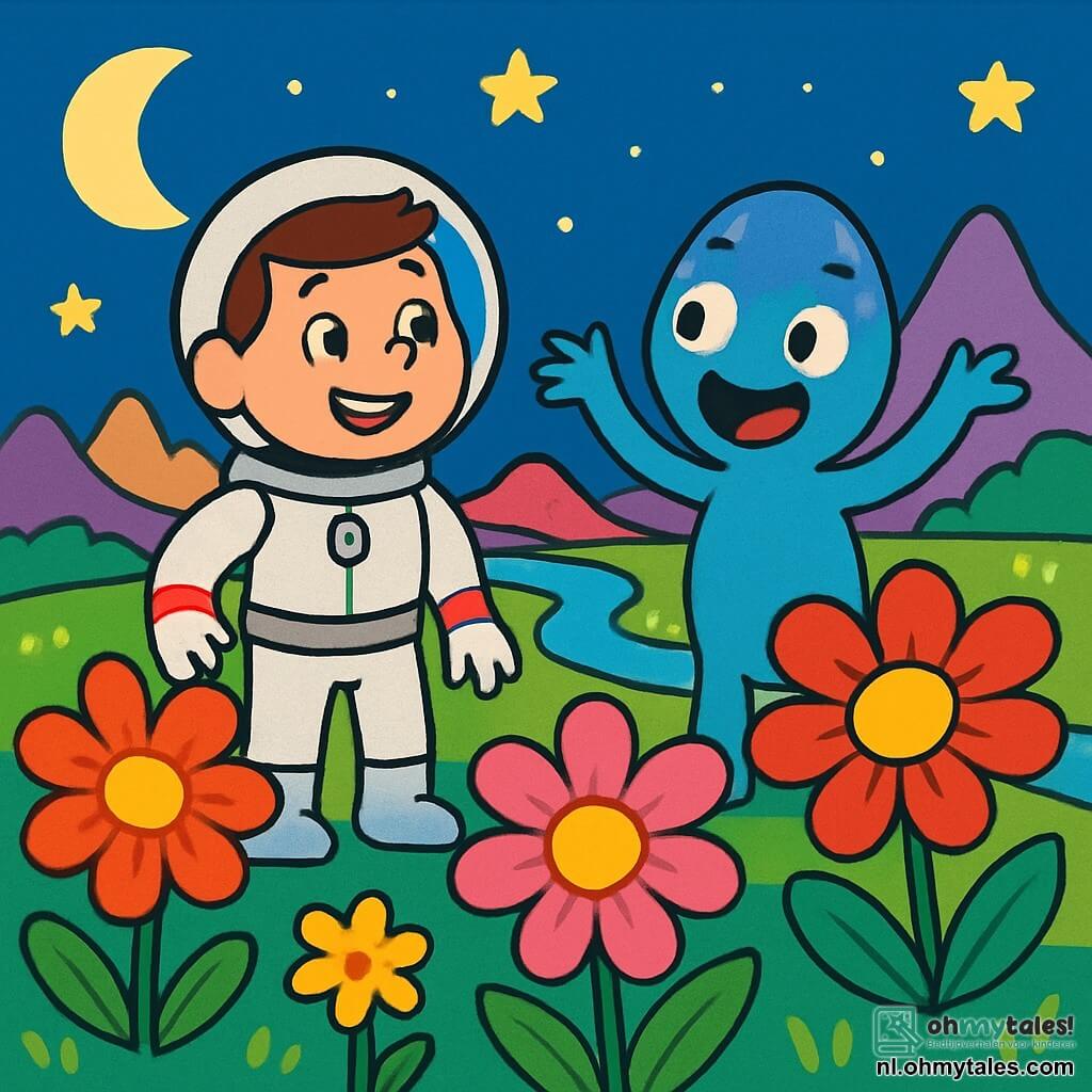 Een astronaut genaamd Tom, gekleed in een elegante en glanzende zilveren ruimtebroek, staat op een kleurrijke planeet met een grote glimlach van verwondering op zijn gezicht. Zijn ogen stralen van vreugde terwijl hij de gigantische bloemen in felle kleuren om zich heen bewondert. Dichtbij staat een vriendelijke wezens genaamd Zipo, dat lijkt op een buitenaardse creatuur met grote ronde ogen en een felblauwe huid, die glimlacht terwijl hij de wonderen van zijn planeet toont. Zipo maakt een uitnodigend gebaar met zijn armen, alsof hij Tom uitnodigt om verder te verkennen. Het landschap is fantastisch: vreemde bergen torenen aan de horizon, terwijl glinsterende rivieren door kleurrijke bloemenweiden kronkelen. De lucht is diepblauw, bezaaid met heldere sterren en een grote maan die de scène verlicht. De belangrijkste situatie toont Tom en Zipo die samen de schoonheid van de planeet ontdekken, met Tom die verwonderd is over de gigantische bloemen en Zipo die vrolijk lacht, wat een sfeer van vriendschap en avontuur creëert in dit magische universum.