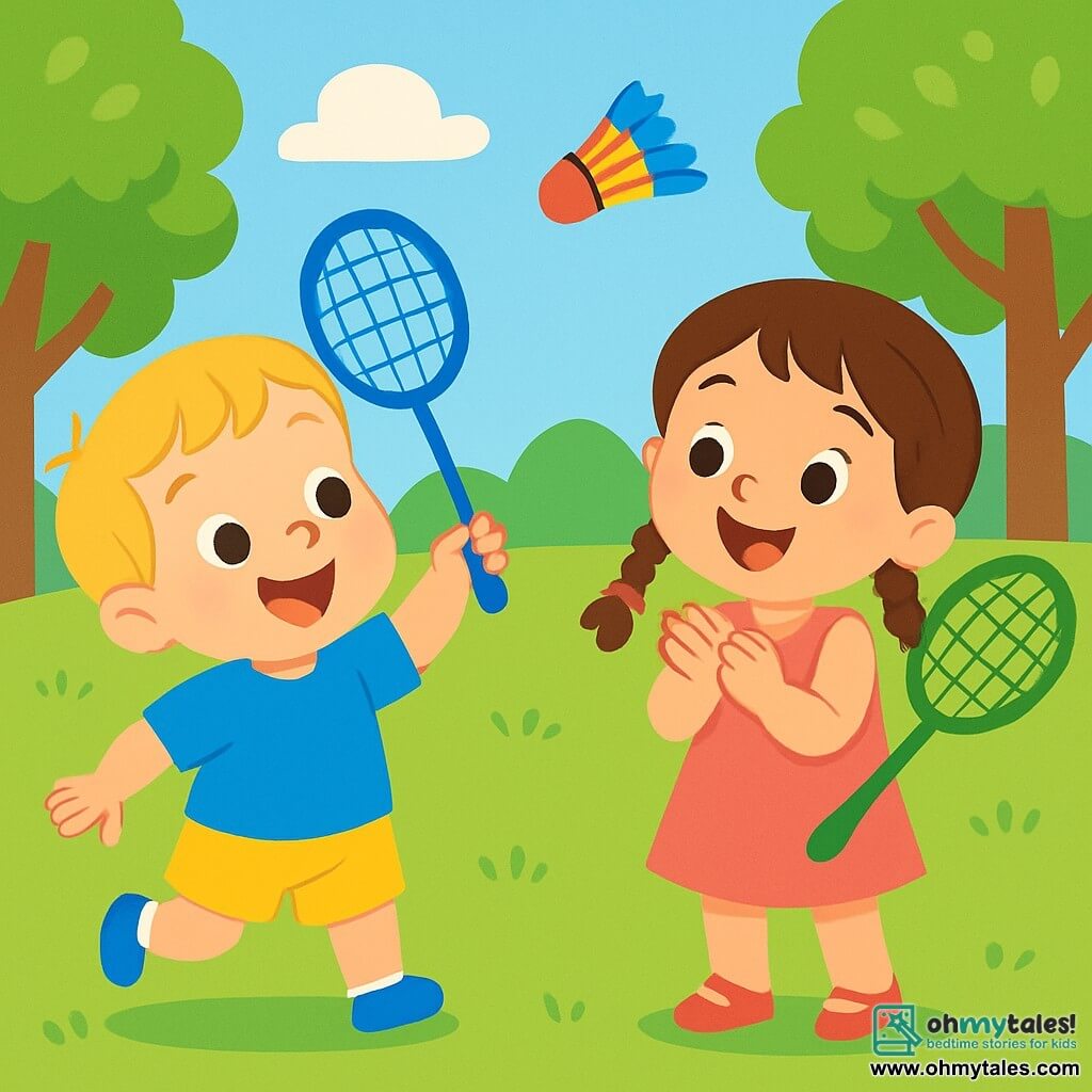 A 2-year-old boy with blonde hair and sparkling eyes is wearing a blue t-shirt and yellow shorts. He is joyfully smiling, holding a blue badminton racket, ready to hit a colorful shuttlecock flying in the air. Next to him, a 5-year-old girl with braided brown hair and a pink dress is enthusiastically clapping. She has a big smile and is holding a green racket, watching the shuttlecock with admiration. In the background, there is a lush park with vibrant grass, tall trees with shiny leaves, and a blue sky dotted with white clouds. The scene depicts the boy and girl playing together, surrounded by laughter and joy, as they enjoy hitting the badminton shuttlecock in a spirit of friendship and friendly competition.