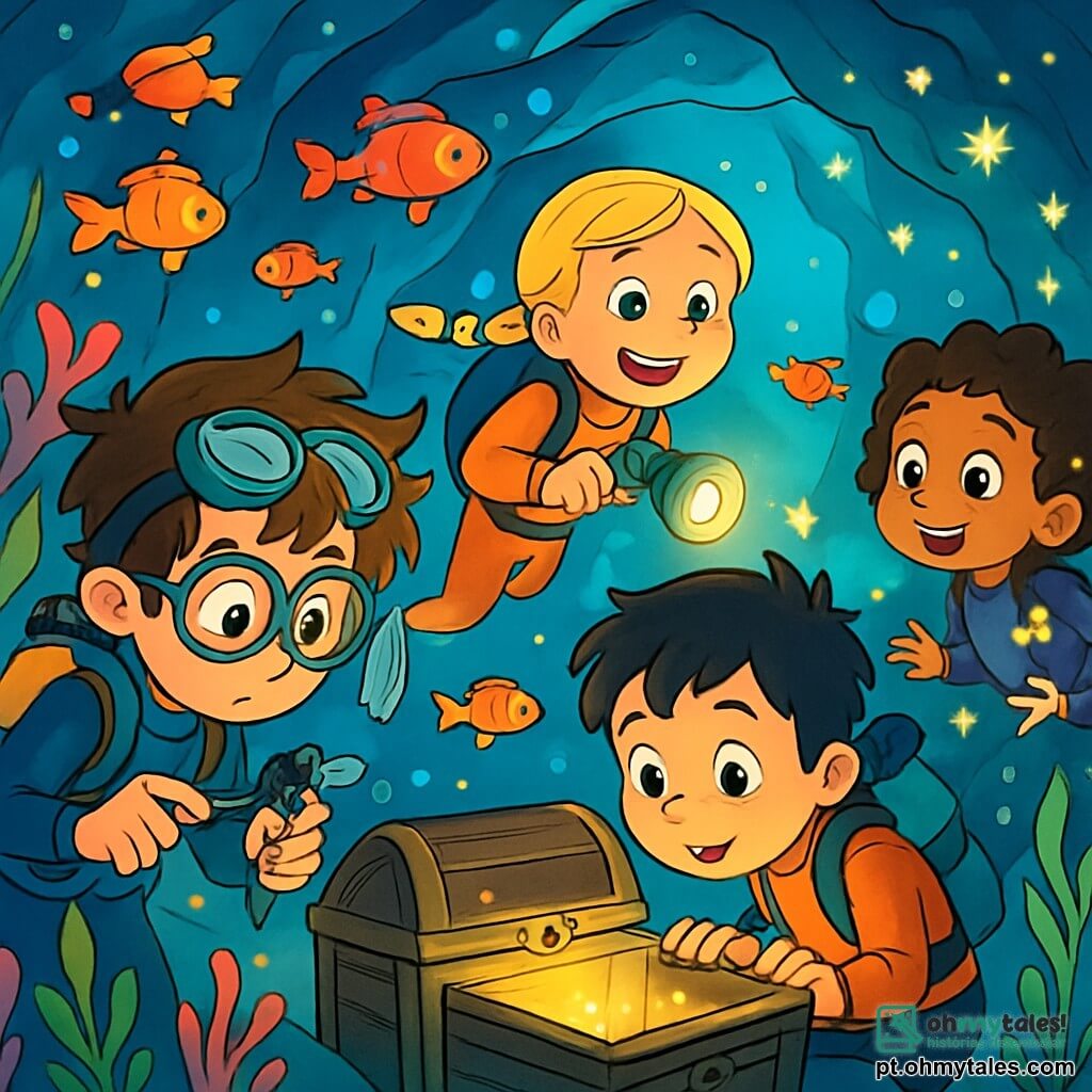 Há 4 crianças: - Luca: um garoto de 10 anos, com cabelos castanhos bagunçados e óculos de proteção na testa. Ele segura uma pequena ferramenta de mergulho e observa atentamente um mecanismo submarino. - Sofia: uma garota de 9 anos, com cabelos loiros trançados e um sorriso radiante. Ela nada alegremente, cercada por peixes coloridos, segurando uma lanterna subaquática que ilumina o caminho. - Tiago: um garoto de 10 anos, com cabelos negros e sardas no nariz. Ele está inclinado sobre um velho baú no fundo do mar, intrigado com o que poderia conter. - Ana: uma garota de 9 anos, com cabelos castanhos cacheados e olhos brilhantes. Ela flutua perto de uma parede rochosa, observando vagalumes marinhos luminosos que dançam ao seu redor. O cenário principal é uma caverna submarina mágica, com paredes cintilantes como cristais, iluminadas por vagalumes marinhos. Algas coloridas ondulam suavemente na água clara, enquanto peixes multicoloridos nadam ao redor das crianças, criando uma atmosfera encantadora. A situação principal da história mostra as crianças descobrindo um baú misterioso no fundo da caverna, cercadas por criaturas marinhas luminosas. Elas estão cativadas pelo brilho do baú e pela emoção de sua aventura submarina.