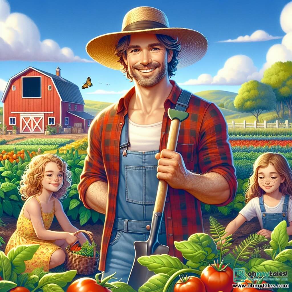 A jovial man, Mr. Ben, stands at the center of the scene with a warm smile on his face. He wears a wide straw hat, a red plaid shirt, and denim pants. His cheeks are slightly sun-kissed, and he holds a wooden shovel, ready to work in his garden. Next to him, an 8-year-old girl named Lucy, with curly hair and freckles, gazes in awe at the colorful vegetables. She wears a yellow floral dress and holds a small wicker basket. A 7-year-old boy named Billy, wearing a large straw hat, kneels near the ground, observing a small caterpillar on a green leaf. The setting is a sunny farm with a lush garden full of red tomatoes, orange carrots, and green beans. In the background, there is a bright red barn and green fields stretching as far as the eye can see under a blue sky dotted with white clouds. The main scene shows Mr. Ben and the children working together in the garden, surrounded by vibrant colors and laughter as they prepare the plants for a beautiful sunny day.