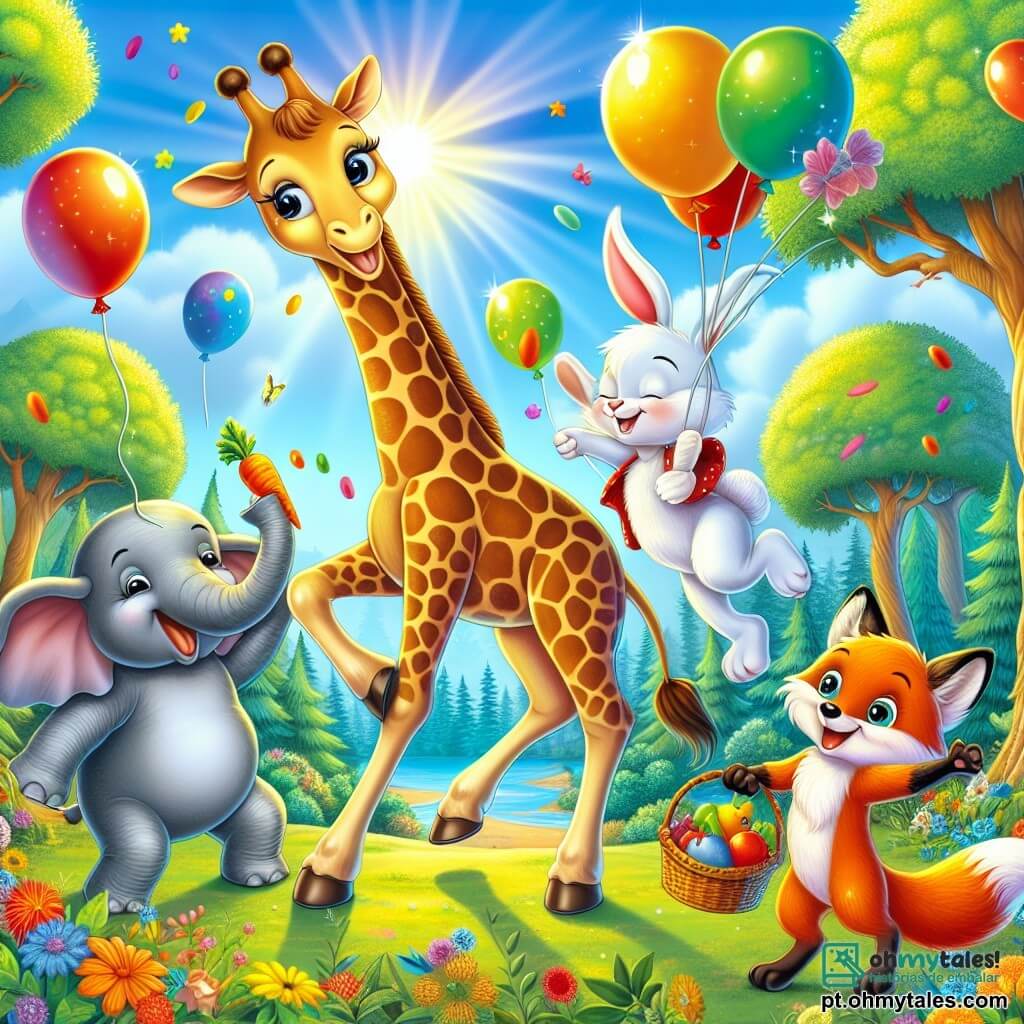 Uma girafa chamada Gina, com um longo pescoço manchado e olhos brilhantes de alegria, está no centro da cena, sorrindo e dançando sob um céu azul ensolarado. Ao lado dela, um coelhinho travesso com grandes orelhas e pelagem branca segura uma cenoura nas patas, pronto para compartilhar guloseimas. Um elefante cinza, grande e amigável, está um pouco atrás, segurando balões coloridos que flutuam no ar, enquanto uma raposa vermelha, com uma cauda espessa, deixa um cesto cheio de frutas suculentas aos seus pés. A cena ocorre em uma floresta encantada, com árvores majestosas de folhas verdes vibrantes, flores coloridas espalhadas pelo chão e raios de sol filtrando através dos galhos, criando uma atmosfera alegre e festiva. No meio dessa festa, Gina e seus amigos se divertem juntos, dançando e rindo, cercados pela beleza da natureza, celebrando a amizade e a alegria de estarem juntos.