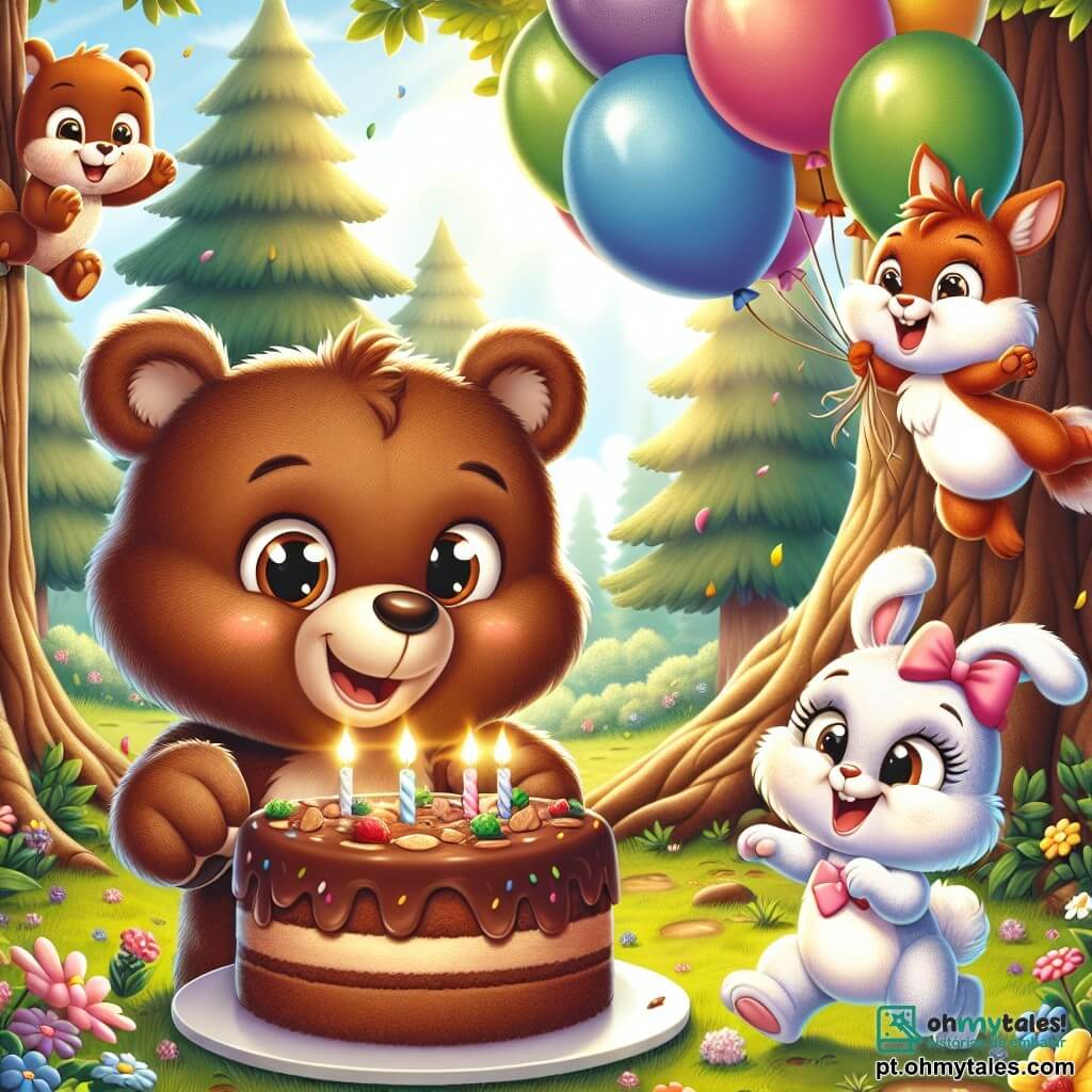 Um adorável ursinho de pelúcia chamado Biscoito, com pelagem marrom suave e olhos brilhantes de alegria, está cortando um grande bolo de chocolate sob uma grande árvore na floresta. Ele tem um largo sorriso no rosto, mostrando sua empolgação para a festa. Ao lado dele, uma coelhinha branca chamada Lili, com grandes orelhas e um laço rosa na cabeça, pula de alegria segurando balões coloridos que flutuam no ar. Ela tem um olhar maravilhado e ri de felicidade. Um esquilo travesso chamado Tico, com pelagem ruiva e uma cauda fofinha, sobe em um galho da árvore, rindo enquanto tenta pegar os balões que estão voando. A cena acontece em uma floresta encantada, com árvores majestosas, flores coloridas e raios de sol filtrando pelas folhas, criando uma atmosfera alegre e festiva. Os amigos estão reunidos para celebrar uma festa cheia de risos, bolos e balões, enquanto o vento brinca com as cores vibrantes dos balões que sobem no céu azul.