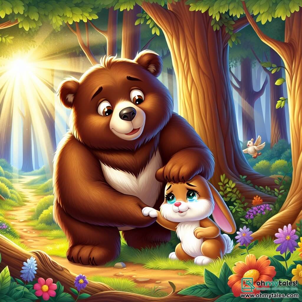 An illustration depicts a large brown bear with shiny fur and sparkling kind eyes, showing an expression of determination and joy. It is reaching out to help a small bunny with soft, creamy fur, who looks a bit sad and hurt, with tears in her eyes. She is leaning against a tree while the bear leans toward her with a comforting smile. The main setting is an enchanted forest, bathed in golden light, with majestic trees and dancing green leaves. Colorful flowers add touches of purple, yellow, and red to the ground, while a winding dirt path leads to a sunny field. The main scene shows the bear and the bunny helping each other after a fall, illustrating the strength of friendship and mutual support. The caring bear helps the bunny get up, symbolizing courage and solidarity. Other useful graphic elements include sunlight filtering through the branches, birds singing in the trees, and a small sparkling trophy on the ground, representing the victory of friendship.