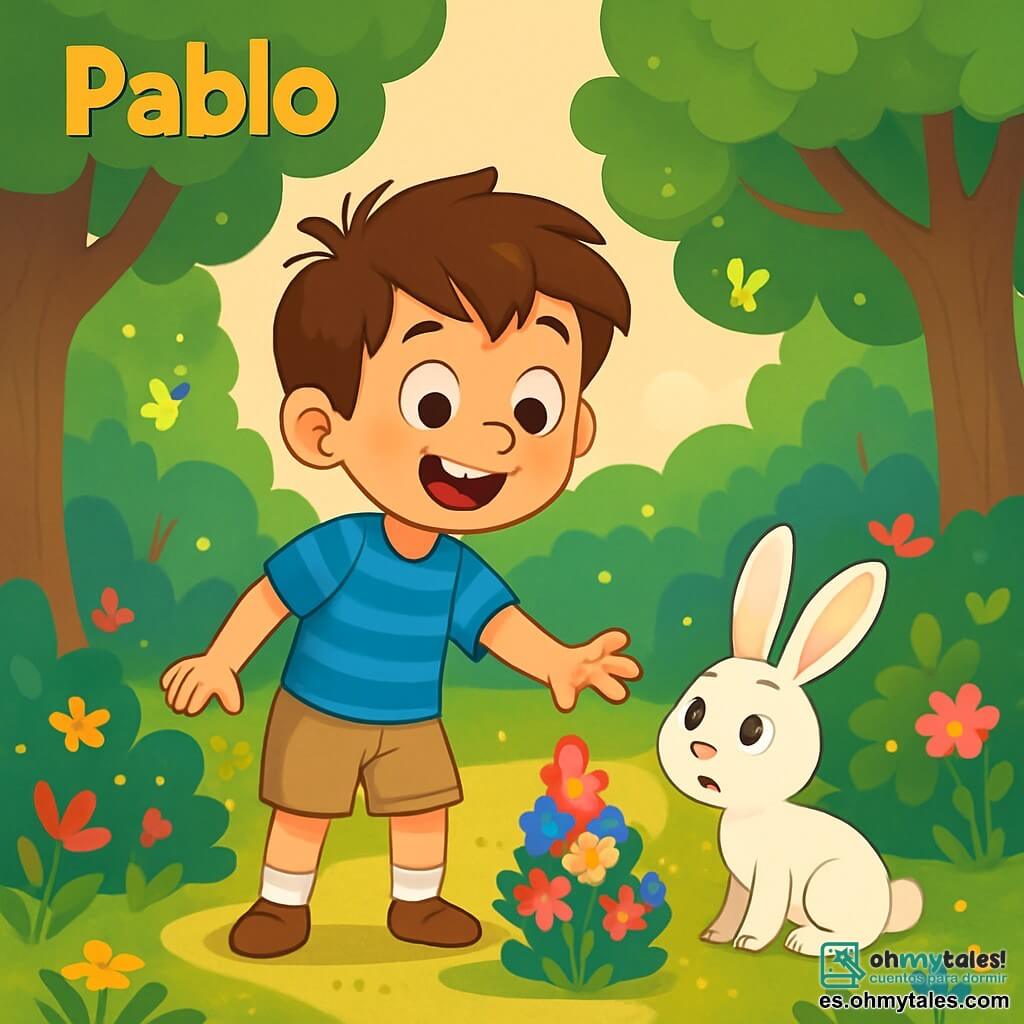 Un joven llamado Pablo, de unos 10 años, está en el centro de la escena, con una gran sonrisa de asombro en su rostro. Tiene el cabello castaño desordenado, ojos brillantes de curiosidad y lleva una camisa azul a rayas y un pantalón corto de tela beige. Pablo está extendiendo la mano hacia un pequeño cono de flores coloridas, como si quisiera tocarlas. A su lado, un adorable conejito blanco, con ojos brillantes y orejas largas, mira a Pablo con una expresión preocupada. El conejito parece listo para saltar, cerca de un arbusto florecido. El escenario es un claro encantado, rodeado de majestuosos árboles de hojas verdes brillantes, con flores multicolores que bailan suavemente en el viento. Luciérnagas titilan alrededor, añadiendo un toque de magia a la atmósfera. La situación principal muestra a Pablo y al conejo encontrándose en este lugar de ensueño, donde la maravilla y la amistad naciente se desprenden de su interacción, simbolizando el inicio de una aventura mágica en el corazón del bosque.