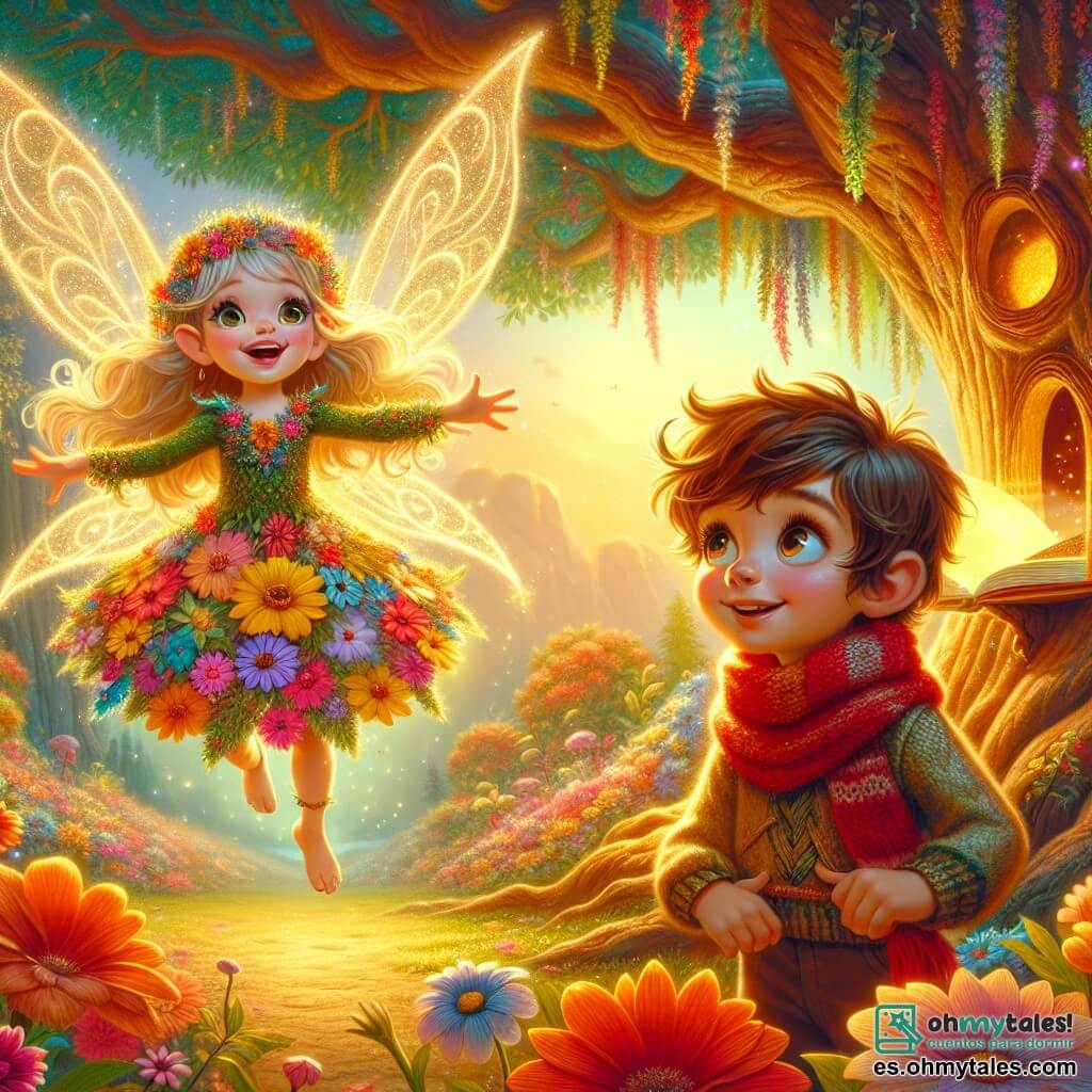 Una pequeña hada llamada Estrella, con alas brillantes y cabello dorado, vuela alegremente alrededor de un árbol mágico, su rostro radiante de emoción. Lleva un vestido hecho de pétalos de flores coloridas que brillan bajo la luz del sol. Junto a ella, Lucas, un niño de 8 años con grandes ojos curiosos, observa el árbol con asombro. Tiene el cabello castaño rizado y lleva una bufanda roja tejida por su abuela. Está de pie, con las manos en las caderas, listo para descubrir el secreto del árbol. El lugar es un parque encantado, lleno de flores multicolores y árboles majestuosos. En el centro, un enorme árbol con hojas luminosas brilla con una luz suave, creando una atmósfera mágica y misteriosa. La escena principal muestra a Estrella y Lucas frente al árbol mágico, Lucas abriendo una pequeña puerta dorada en el tronco, revelando un libro antiguo lleno de historias fantásticas. La escena irradia una atmósfera de aventura y descubrimiento, llena de promesas y magia.