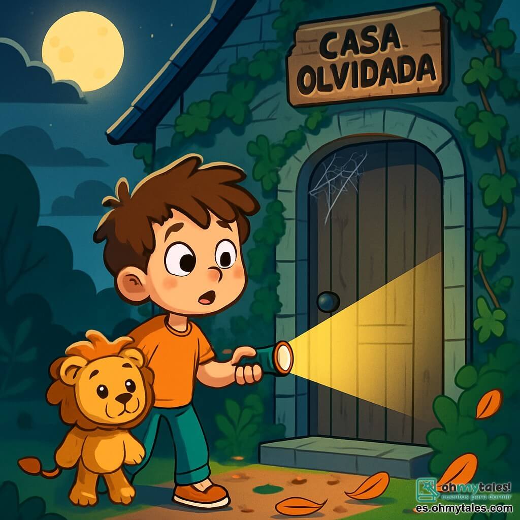 Un niño de 8 años, con el cabello castaño despeinado y los ojos abiertos de curiosidad, se encuentra frente a una puerta de madera gris, su rostro mezcla de emoción y un toque de miedo. Sostiene una pequeña linterna que ilumina tímidamente su camino. A su lado, un peluche en forma de león, con ojos brillantes y pelaje dorado, parece listo para acompañarlo en esta aventura. La escena se desarrolla frente a la Casa Olvidada, una antigua casa de piedra cubierta de hiedra y telarañas, cuyas ventanas están oscurecidas por el polvo. La luna ilumina el techo inclinado, creando sombras inquietantes en el suelo. El niño, dudoso pero decidido, se prepara para empujar la puerta que chirría, mientras el viento sopla, haciendo danzar las hojas muertas a su alrededor.