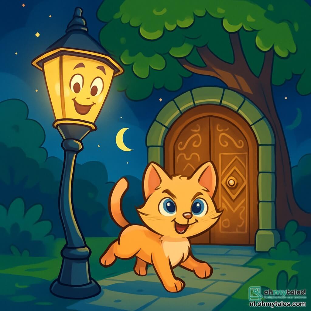 Lila, een glimlachende lantaarnpaal met een glanzend metalen lichaam en een stralend gouden licht, staat op een drukke straathoek, haar ogen sprankelend van vreugde en opwinding. Naast haar springt Minoe, een kleine kat met zijdeachtige vacht en sprankelende blauwe ogen, enthousiast, haar gezicht straalt vastberadenheid uit. Samen staan ze voor een grote houten deur versierd met magische patronen, onder een majestueuze boom met heldergroene bladeren, in een mysterieuze park verlicht door het maanlicht. De scène straalt een sfeer van magie en avontuur uit, terwijl Lila en Minoe zich voorbereiden om het Stille Licht te ontdekken, hun warme en vriendelijke gloed verlicht de weg.