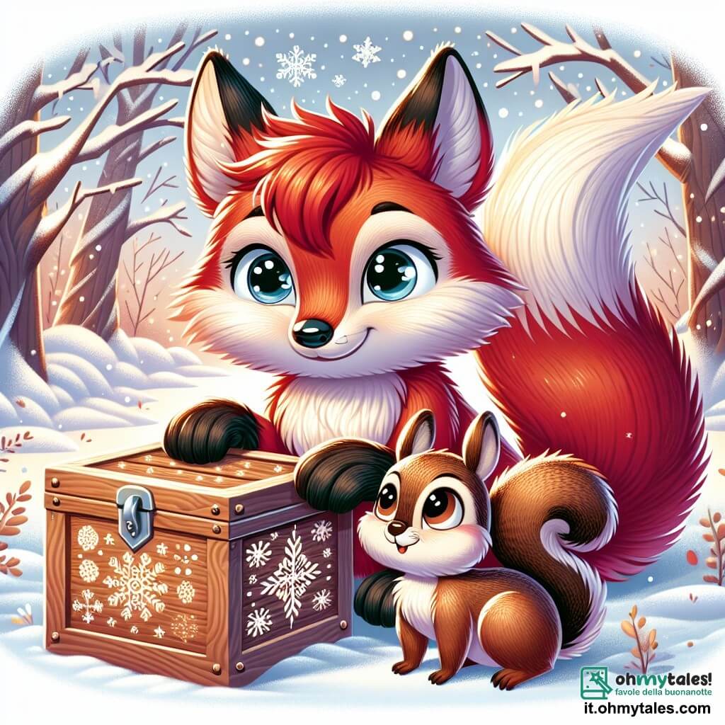 Una volpe dai vivaci peli rossi, con una coda folta e occhi scintillanti di curiosità, si trova davanti a una scatola di legno decorata con motivi di fiocchi di neve, il suo volto illuminato dall'eccitazione per la scoperta. Accanto a lei, un piccolo scoiattolo dal pelo marrone e dalle grandi orecchie, con un'espressione stupita, osserva attentamente la scena, le sue piccole zampe posate sulla scatola, pronto ad aiutare l'amico. La scena si svolge in una foresta incantata, dove la neve copre il terreno come un morbido tappeto bianco, e gli alberi scintillano sotto i raggi del sole invernale, creando un'atmosfera magica. La volpe e lo scoiattolo, immersi nella loro ricerca, cercano di aprire la misteriosa scatola, impazienti di scoprire le meraviglie che contiene, circondati da un paesaggio invernale che respira la magia del Natale.
