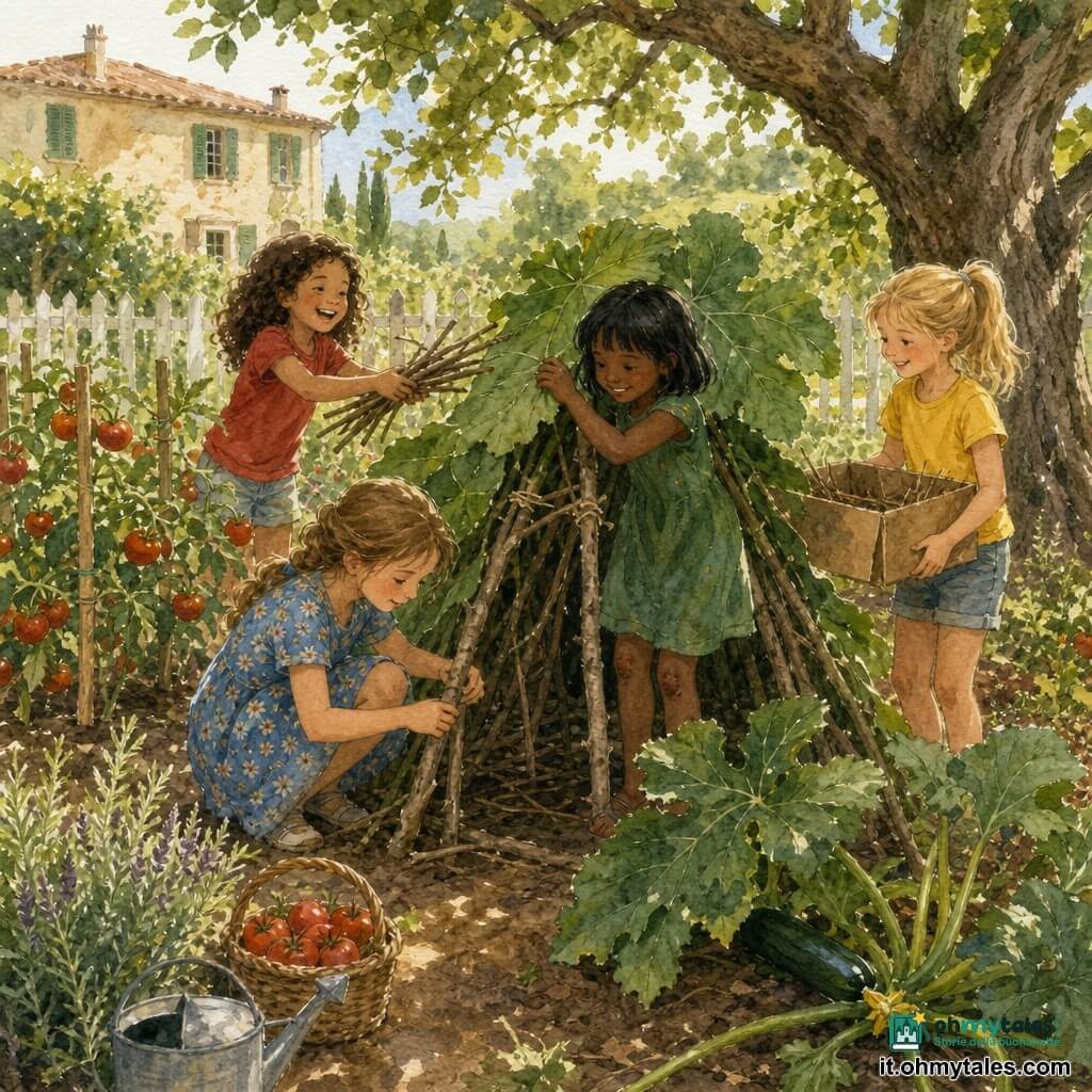 Ci sono quattro bambine: Anna (circa 10 anni) capelli castano chiaro medi, treccia sciolta, vestito blu a fiori, accovacciata a sinistra mentre sistema un grosso ramo nella struttura della capanna, volto concentrato; Sara (circa 10 anni) capelli biondi in coda, maglietta gialla, short di jeans, dietro a destra con una scatola di cartone e un sorriso; Martina (circa 9 anni) capelli neri corti e lisci, vestito verde semplice, ginocchia sbucciate, al centro mentre porge una grande foglia di zucchina per il tetto, espressione timida e felice; Giulia (circa 10 anni) capelli castani ricci, maglietta rossa, sul retro a sinistra con un piccolo fascio di rami ridendo. Luogo: un grande orto estivo soleggiato con terra calda, filari di pomodori, foglie di zucchina grandi, erbe aromatiche ai margini, un vecchio fico a destra che crea ombra, recinzione di legno bianco e una casa di campagna con persiane verdi sullo sfondo. Situazione: le quattro bambine costruiscono una piccola casa segreta improvvisata tra le siepi dell'orto con rami intrecciati, foglie di zucchina come tetto, cartoni e stoffe all'interno; scena gioiosa e attiva con gesti di passare, tendere e fissare, un annaffiatoio e un cesto di pomodori a terra, luce calda estiva attraverso le foglie, atmosfera di amicizia e scoperta.