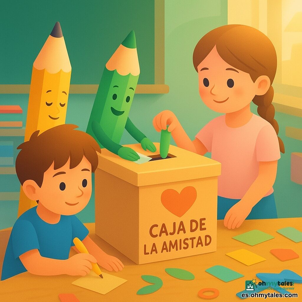 Un lápiz de madera amarillo (Lino) con veta visible y goma rosa mordida, expresión dulce y concentrada, apoyado contra una caja de cartón decorada y mirándola con calidez; un lápiz verde brillante (Nara) con punta fresca y aire alegre, inclinándose a colorear hojas pegadas en la tapa a la derecha; una niña nueva (Luna) de trenza castaña clara y ojos tímidos sonríe al depositar un papel reciclado en la ranura frente a la mesa; un niño (Tomás) con camisa azul y pelo alborotado traza letras amarillas en la cara frontal de la caja sentado a la izquierda; todo sobre un pupitre de madera clara en un aula con tablero verde desenfocado y materiales escolares dispersos, luz matinal suave; los niños decoran y alimentan una "Caja de la Amistad" (caja de zapatos convertida en buzón de mensajes), ambiente colaborativo, colores cálidos y texturas de papel reciclado.