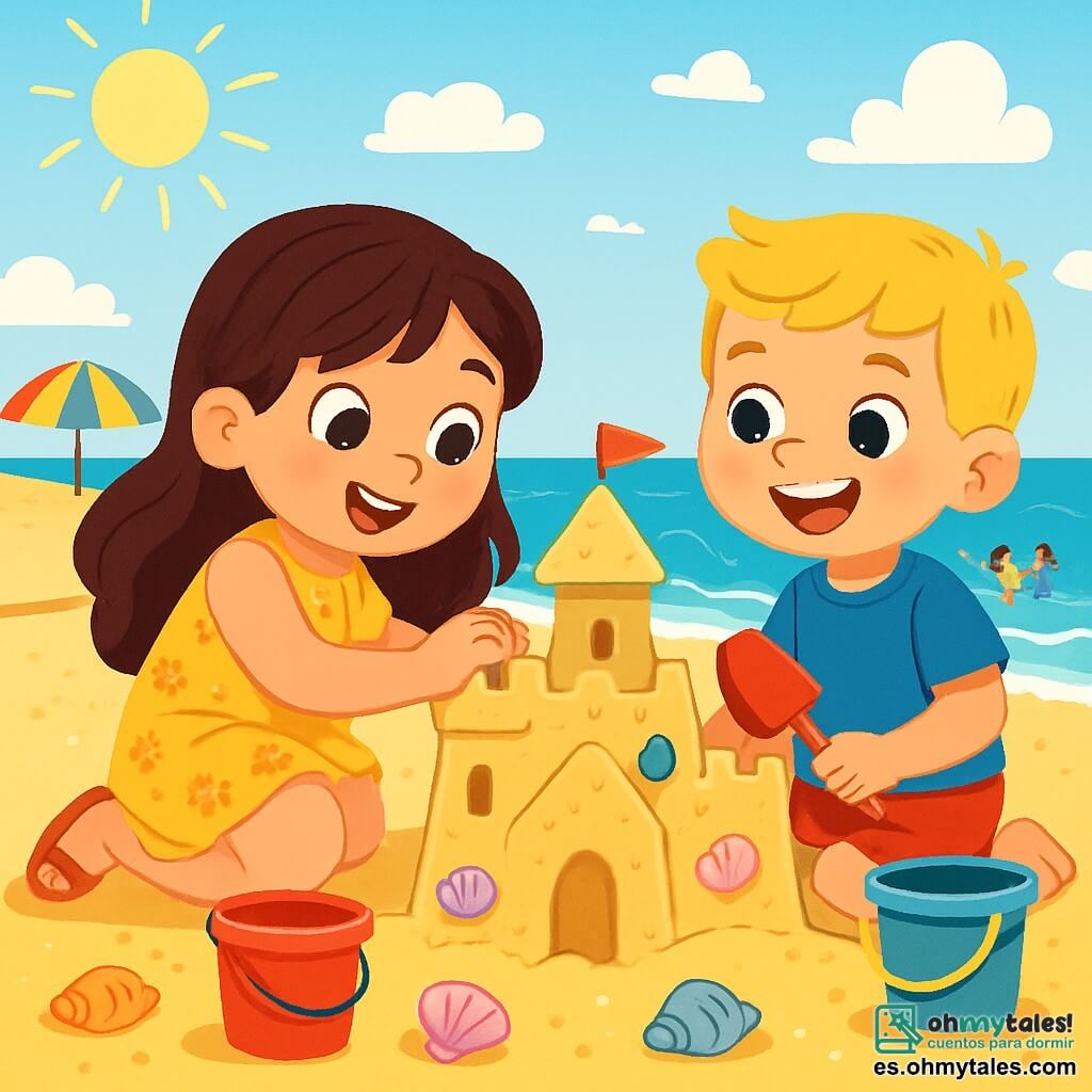 Hay 2 personajes principales: Clara, una niña de 6 años con largos cabellos castaños y ojos brillantes, que lleva un vestido amarillo con flores y sandalias, construyendo un castillo de arena en la playa; y Pablo, un niño de 6 años con cabello corto y rubio, que lleva una camiseta azul y un short rojo, sentado junto a Clara, sosteniendo una pala y sonriendo con entusiasmo. La escena transcurre en una playa soleada con arena dorada, olas suaves y conchas coloridas esparcidas. Al fondo hay sombrillas multicolores y niños jugando en el agua, bajo un cielo azul con algunas nubes blancas. Clara y Pablo están construyendo un gran castillo de arena decorado con conchas brillantes, rodeados de juguetes de playa, creando un ambiente alegre y veraniego.