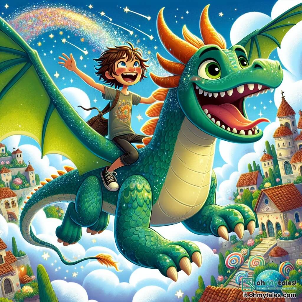 Un drago maestoso di nome Fiamma, con squame verdi brillanti e occhi scintillanti di gioia, vola nel cielo blu, con le ali spiegate e un grande sorriso sul volto. Sta facendo acrobazie aeree, lasciando dietro di sé una scia scintillante di polvere di stelle. Accanto a lui, un ragazzo di nome Leo, di circa 8 anni, con capelli castani arruffati e una maglietta colorata, ride di gusto mentre si aggrappa saldamente alla criniera del drago. È seduto sulla schiena di Fiamma, con le braccia alzate in segno di vittoria, e il suo viso irradia felicità. La loro avventura si svolge sopra un magnifico villaggio chiamato Arcobaleno, dove le case sono fatte di caramelle multicolori e i giardini sono pieni di fiori canterini che danzano al ritmo del vento. Il cielo è punteggiato di nuvole soffici, e il sole brilla, creando un'atmosfera gioiosa e magica. La scena principale mostra Fiamma e Leo in volo, esplorando insieme il cielo, con risate che risuonano nell'aria, simboleggiando la loro amicizia e il loro spirito d'avventura.