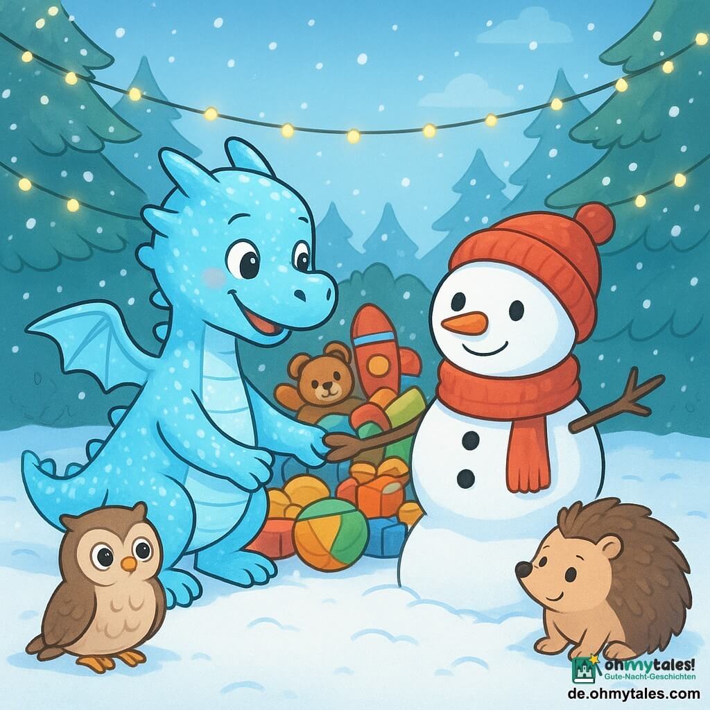 Ein kleiner schimmernder Drache namens Lumo, mit Schuppen, die so glänzend wie frischer Schnee sind, lächelt herzlich, seine Augen voller Freude funkelnd. Er hält die Hand eines schüchternen Schneemanns, dessen Augen wie Raureif glänzen und der schüchtern lächelt. Um sie herum stehen Waldtiere wie eine weise Eule mit runden Augen und ein mutiger Igel im Kreis, alle mit einem fröhlichen und freundlichen Ausdruck. Die Szene spielt sich auf einer schneebedeckten Lichtung ab, die von funkelnden Lichterketten erleuchtet wird, die an den Zweigen der Tannen hängen. In der Mitte ist ein großer Haufen bunter Spielzeuge gestapelt, was eine festliche und warme Atmosphäre schafft.