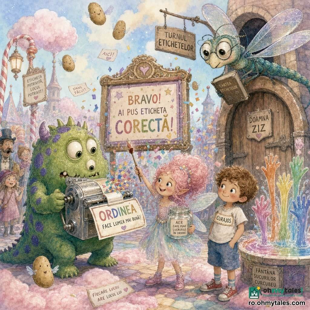 Un monstru simpatic, uimit și concentrat, cu trei ochi, blană verde cu pete violet, coadă care face "brrr-brrr", ține o mașină de etichetat metalică care suflă confetti colorate; o zână fetiță (Pufița), jucăușă, cu păr ca vată de zahăr roz și rochie translucidă, flutură o baghetă perie lângă monstrul; o libelulă păzitoare (Doamna Ziz), mare și înțeleaptă, cu ochi mari și ochelari, stă pe marginea unei uși mari din Turnul Etichetelor și supraveghează; un băiat mic (~5 ani), cu păr creț și zâmbet timid, poartă o etichetă "CURAJOS" pe tricou și privește scena de lângă o fântână de suc curcubeu; piața e pavata din zahăr filament și nori, cu felinare-tip acadea, fântână care scuipă jeturi de suc multicolor în forme de mâini și câteva cartofi zburători plutind deasupra; situația principală: monstrul lipește o etichetă mare corectă pe un panou luminos în timp ce zâna ține un borcănel cu "aer care restabilește ordinea", iar confetti și etichete zboară în jur, atmosferă veselă ușor haotică.