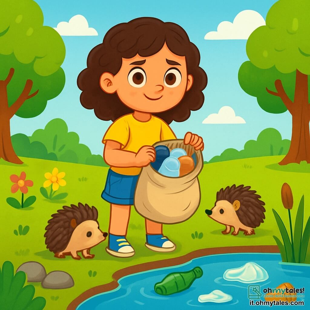 Una ragazza di 8 anni, Marta, con capelli castani e ricci, un sorriso triste e occhi pieni di determinazione, si trova sul bordo di un piccolo stagno. Indossa una maglietta gialla brillante e un pantaloncino di jeans, tenendo una borsa di tela piena di rifiuti che ha appena raccolto. Accanto a lei, un piccolo riccio, con il dorso coperto di aculei, guarda con curiosità, sembrando esitante a attraversare l'acqua. Il luogo è un parco verdeggiante, pieno di alberi maestosi con foglie brillanti, fiori colorati e un cielo blu chiaro punteggiato di nuvole bianche e soffici. Lo stagno è circondato da canneti e piccoli ciottoli, ma è inquinato da rifiuti di plastica che galleggiano in superficie. Marta, con uno sguardo determinato, si prepara a pulire lo stagno per aiutare gli animali e restituire al parco la sua bellezza naturale.